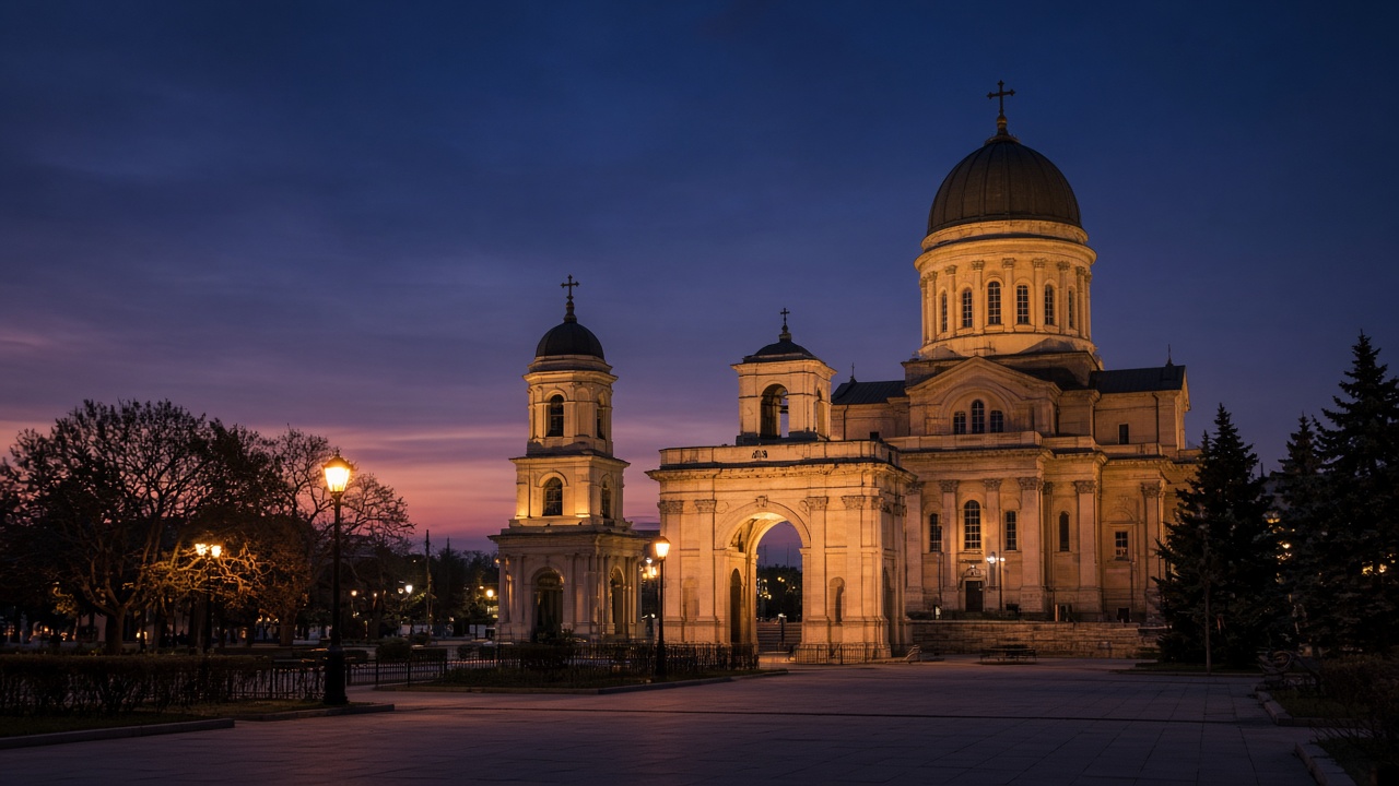 Catedrala din Chișinău și arcul de triumf la amurg, fără text lizibil