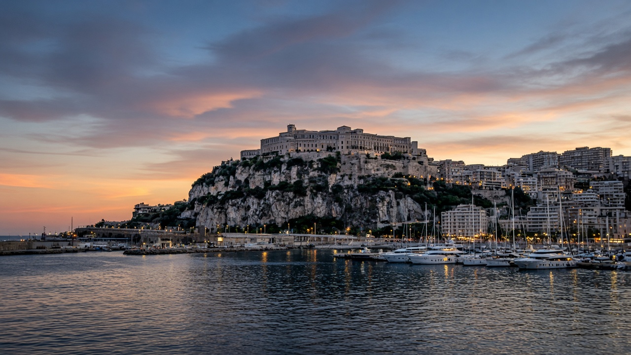 Port Hercule et le Rocher de Monaco au crépuscule, sans texte lisible