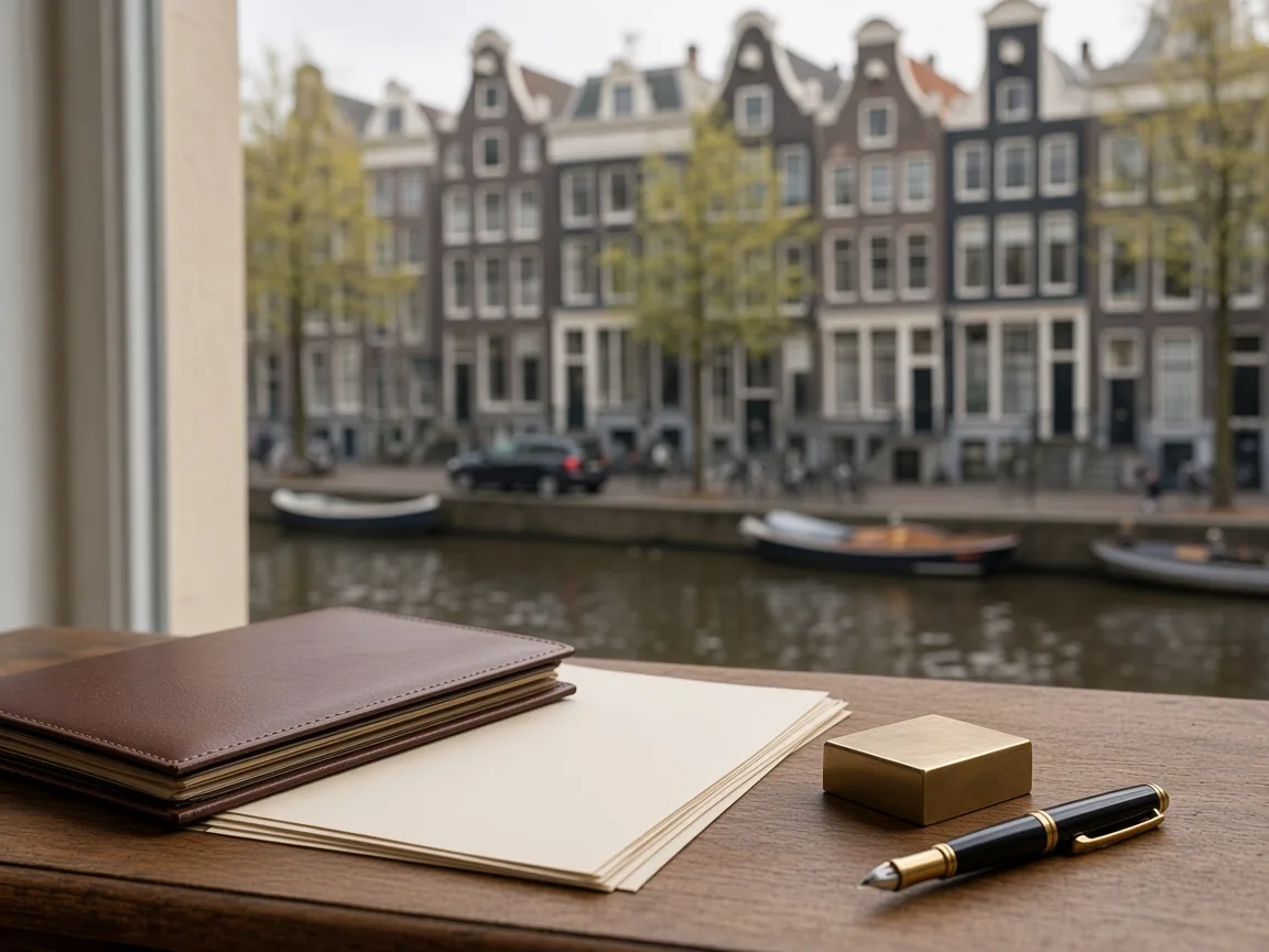Amsterdam canal house facades with Dutch company documents in the foreground