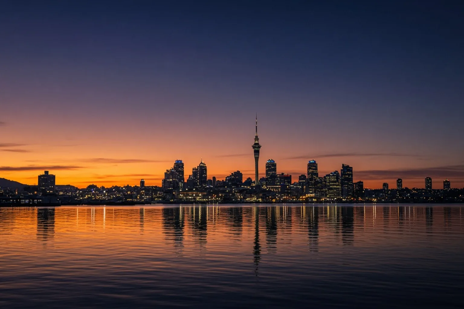 Auckland harbour skyline at dusk seen from the water, no people, no readable text, no screens