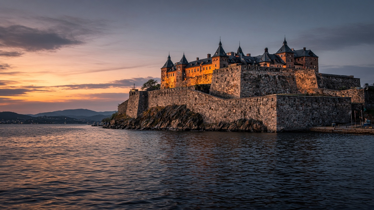 Akershus fortress and the Oslofjord at dusk, no readable text