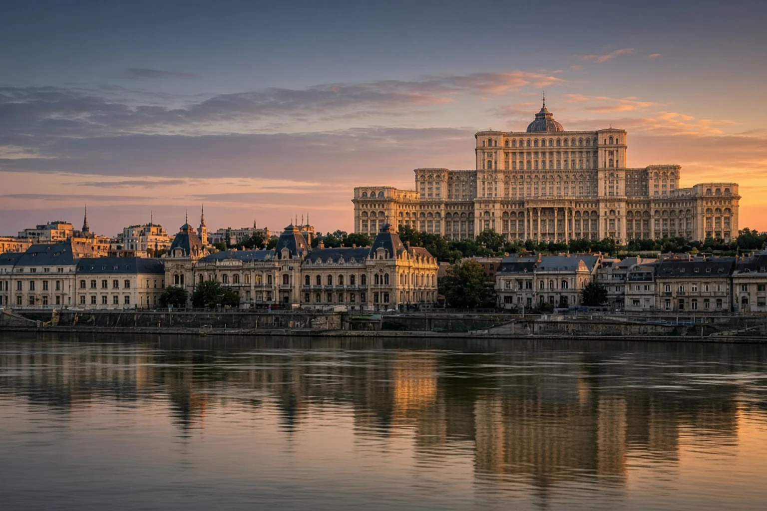 Skyline-ul Bucureștiului la apus, văzut de pe malul Dâmboviței, fără persoane, fără text lizibil, fără ecrane