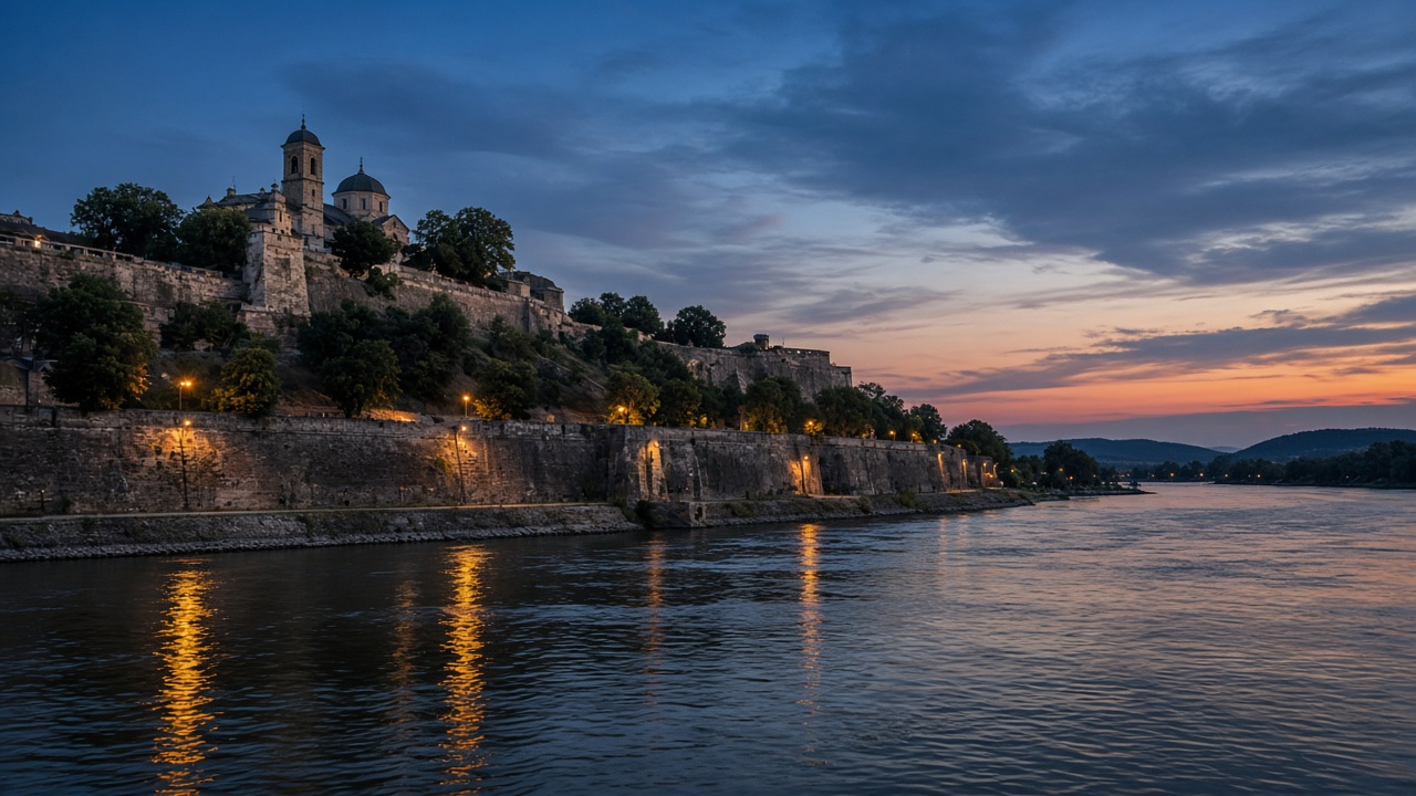 Kalemegdan fortress and the Sava at dusk, no readable text