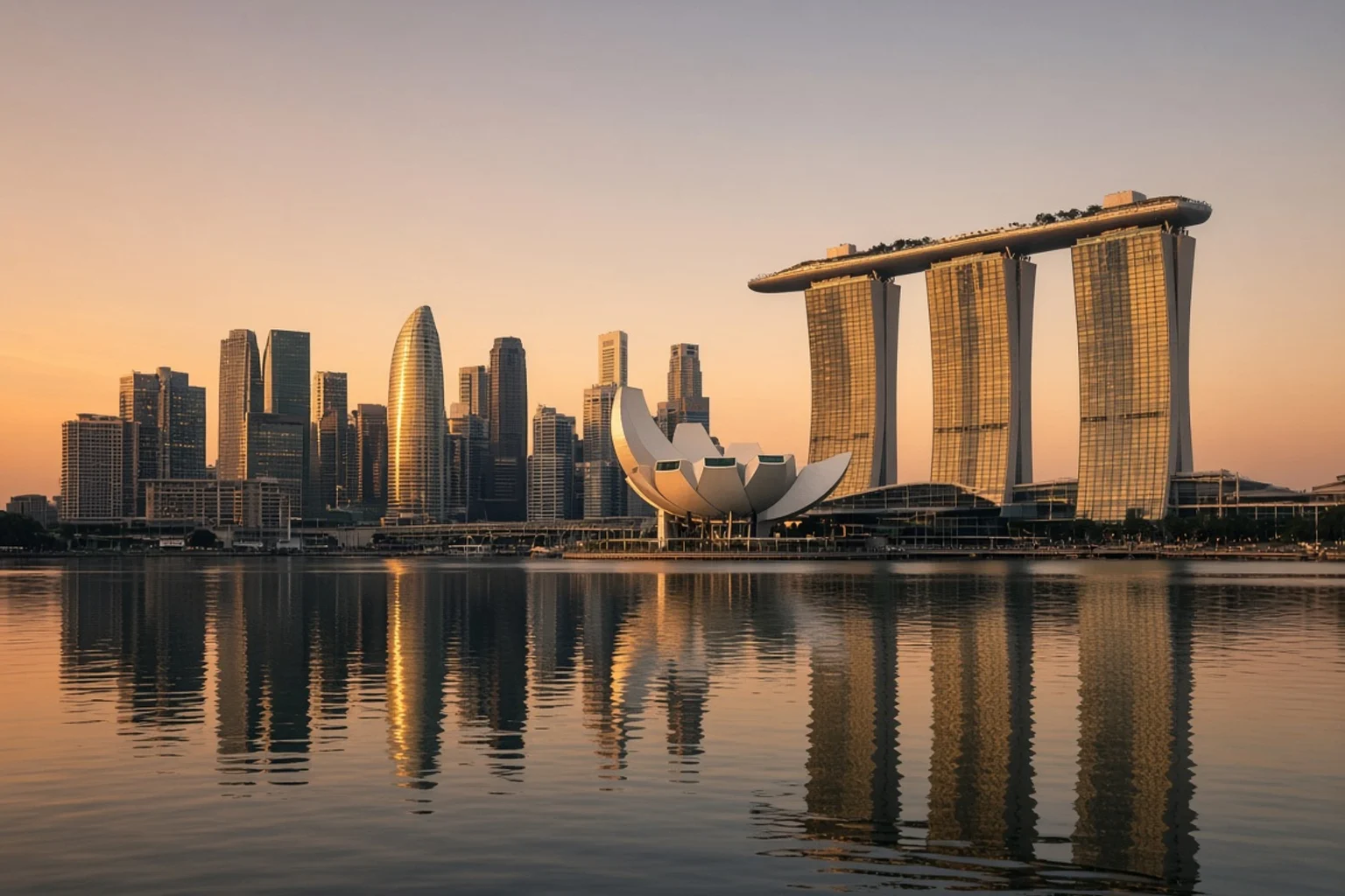 Marina Bay skyline seen from the water at dusk, no people