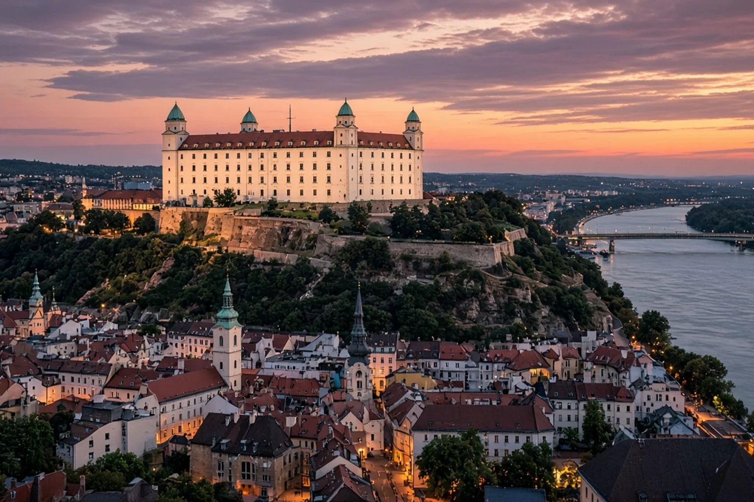 Bratislava castle and the Danube at dusk, no people, no readable text, no screens