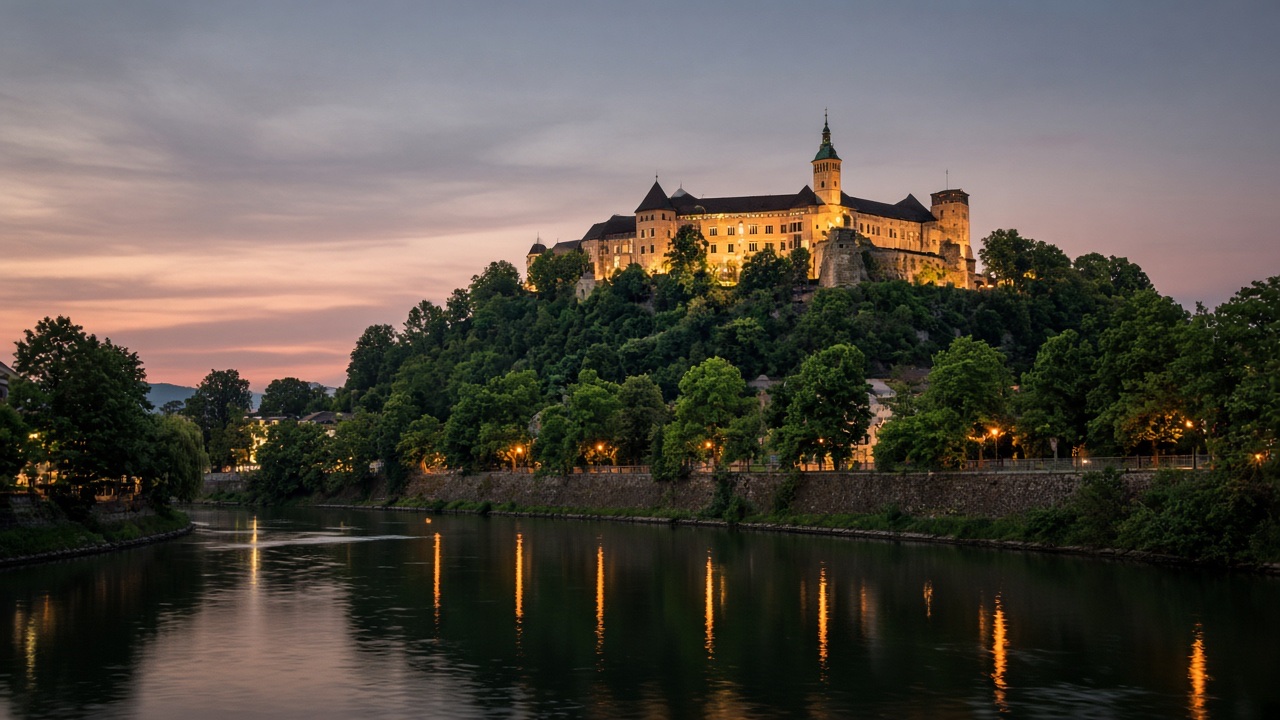 Ljubljana castle and the Ljubljanica at dusk, no people, no readable text