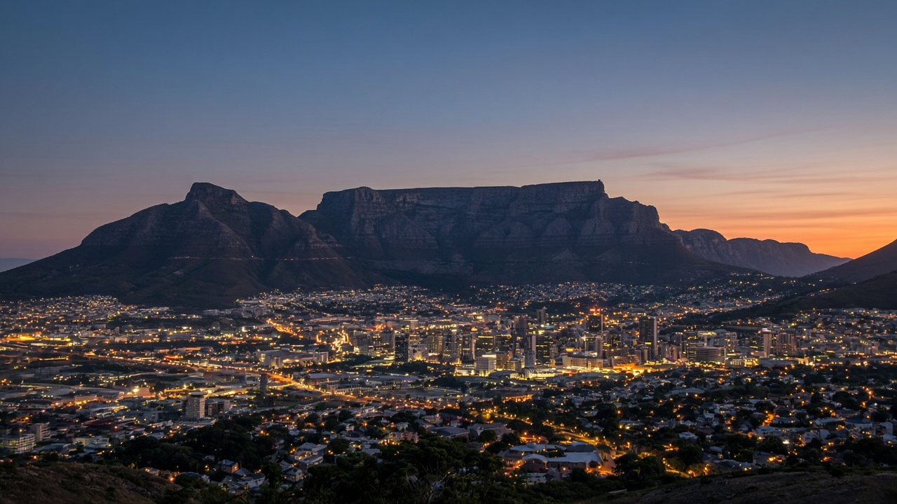 Cape Town city bowl and Table Mountain at dusk, no readable text