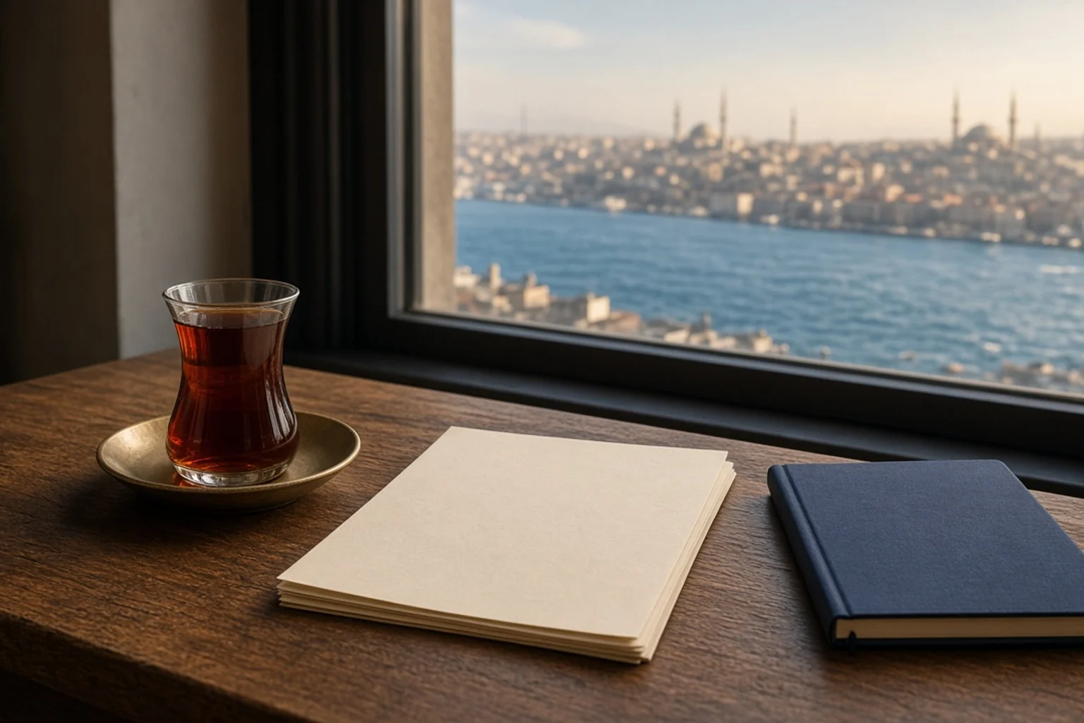 Türk şirket kaşesi ve boş belgeler, pencereden İstanbul silueti