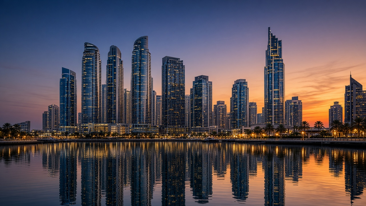 Dubai Marina towers at dusk, with no readable text