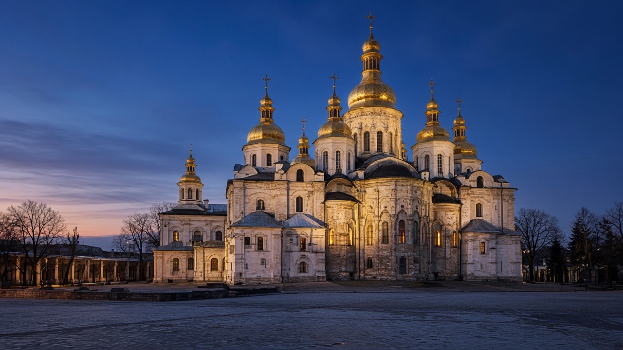 Софійський собор у Києві в сутінках, без читабельного тексту