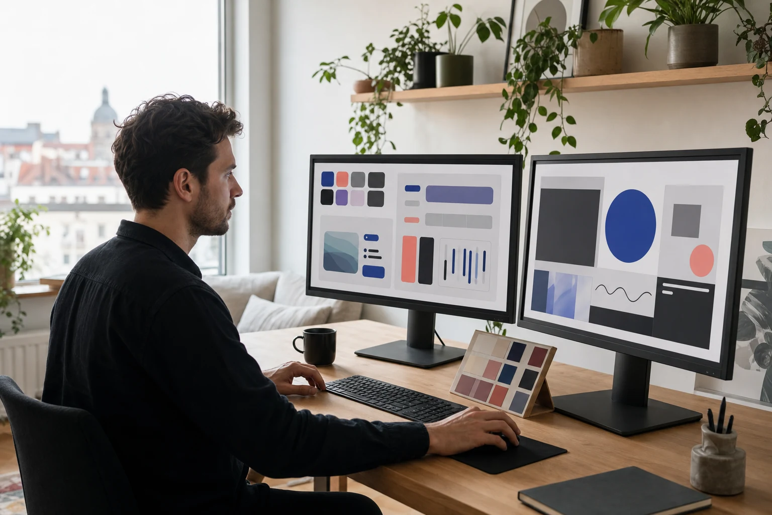 W-8BEN für Envato-Autoren — ein Design-Heimstudio in Leipzig mit zwei Monitoren, einer zeigt ein UI-Kit-Layout in einem Design-Tool, daneben ein Mood-Board mit Farbmustern auf dem Schreibtisch