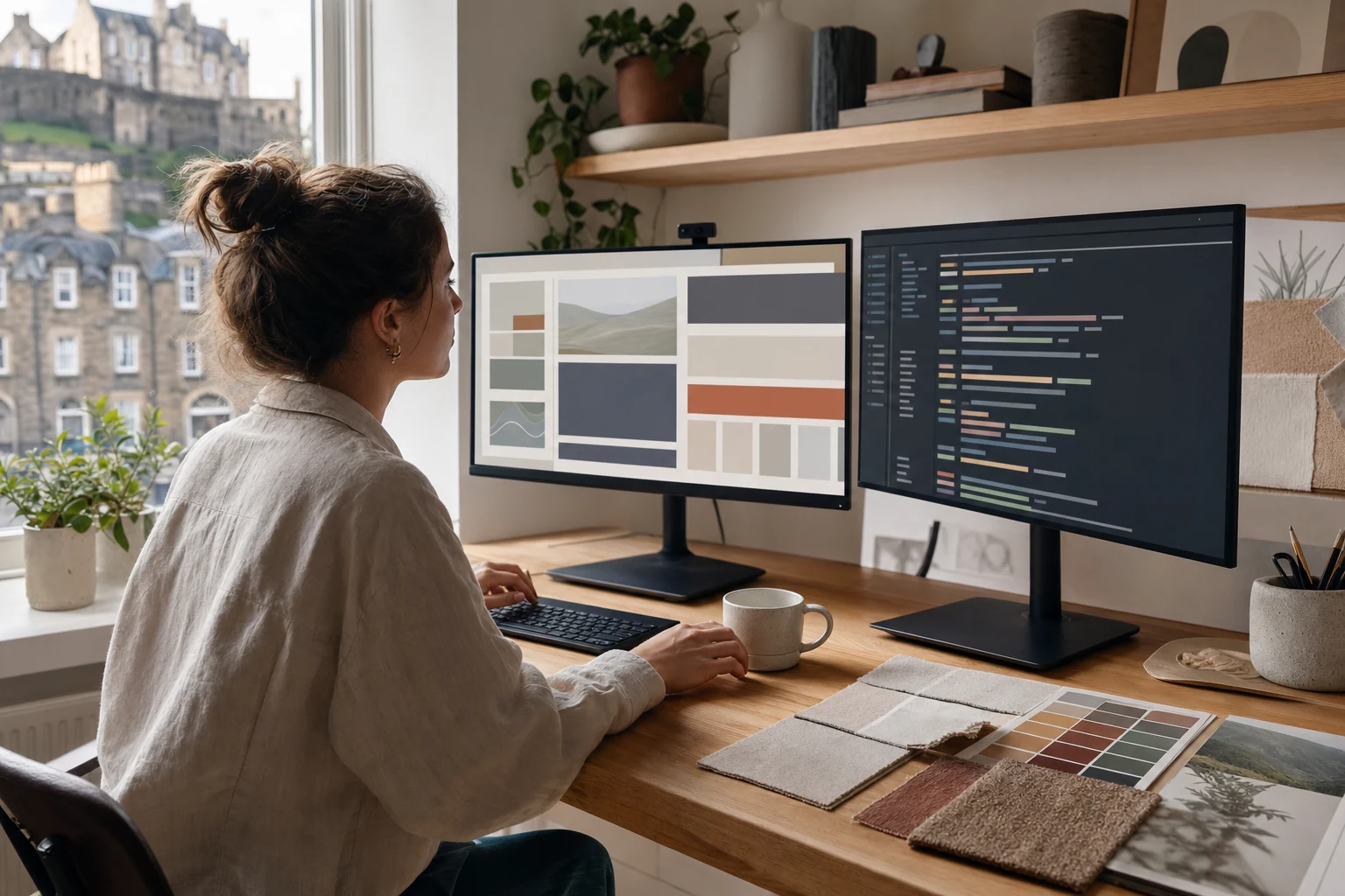 W-8BEN for Envato authors — a designer's home studio in Edinburgh with two monitors, one showing a website template mockup in a design tool and a color-swatch mood board on the desk