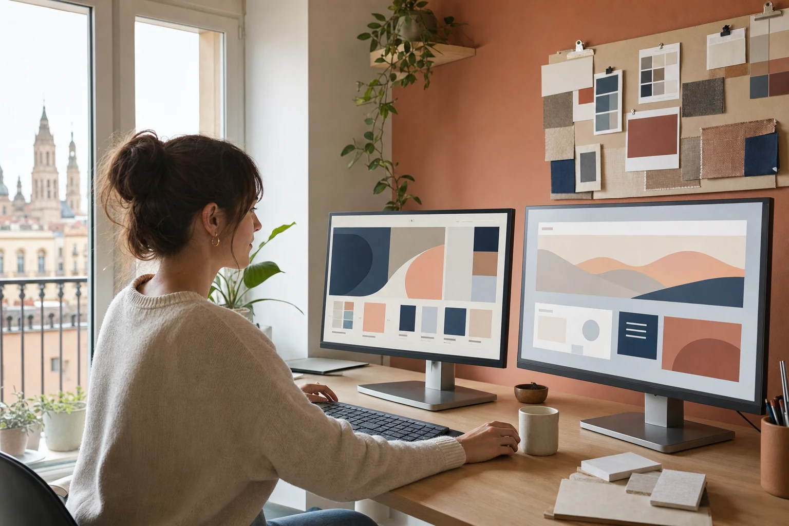 W-8BEN para autores de Envato — un estudio de diseño casero en Zaragoza con dos monitores, uno muestra la maqueta de una plantilla web en una herramienta de diseño, con un mood board de colores sobre el escritorio