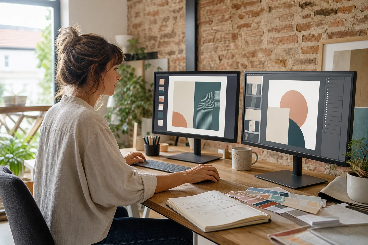 W-8BEN pour les auteurs Envato — un studio de création à domicile à Nantes avec deux écrans, l'un affichant une maquette de présentation dans un outil de design, un mood board de couleurs posé sur le bureau
