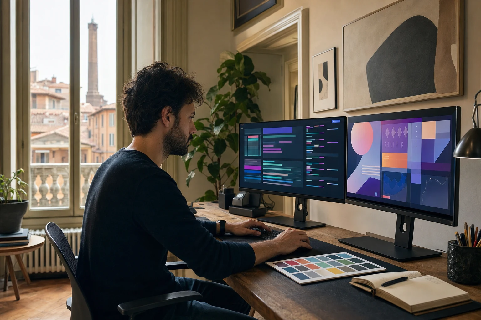 W-8BEN per gli autori Envato — uno studio di design a Bologna con due monitor, uno mostra un plugin in fase di sviluppo in un editor di codice, una moodboard di colori appoggiata sulla scrivania