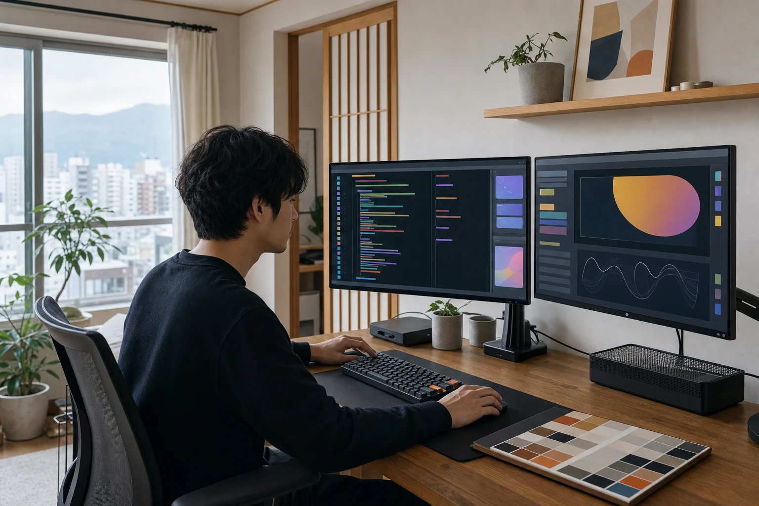 札幌の自宅デザインスタジオでW-8BENを準備するEnvato作者 — 2台のモニターの一方にコードエディターでプラグイン開発画面が表示され、デスクにはカラースウォッチのムードボードが置かれている
