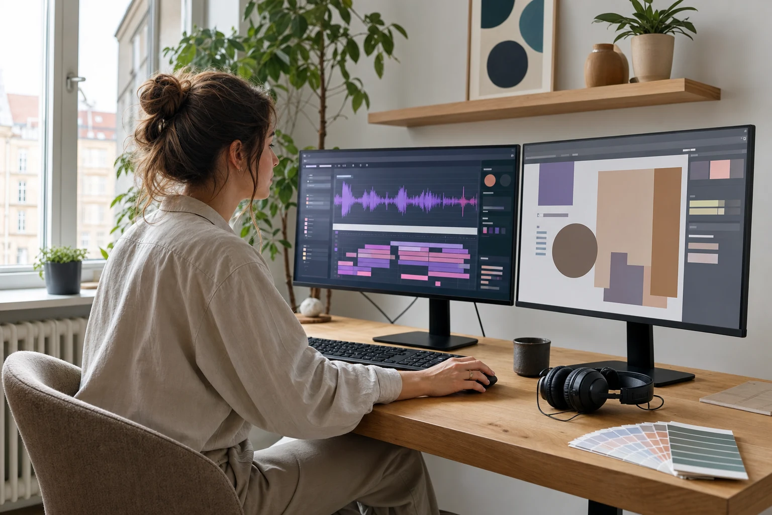 W-8BEN dla autorów Envato — domowe studio we Wrocławiu z dwoma monitorami, jeden pokazuje edytor dźwięku z falą audio, obok deska z próbkami kolorów na biurku