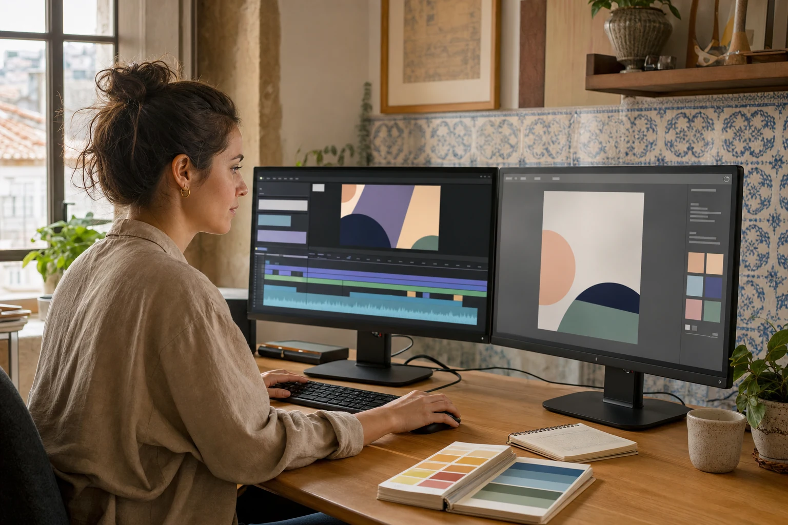 W-8BEN para autores da Envato — um estúdio de design em casa em Coimbra com dois monitores, um mostrando um template de vídeo em edição, um mood board de cores sobre a secretária