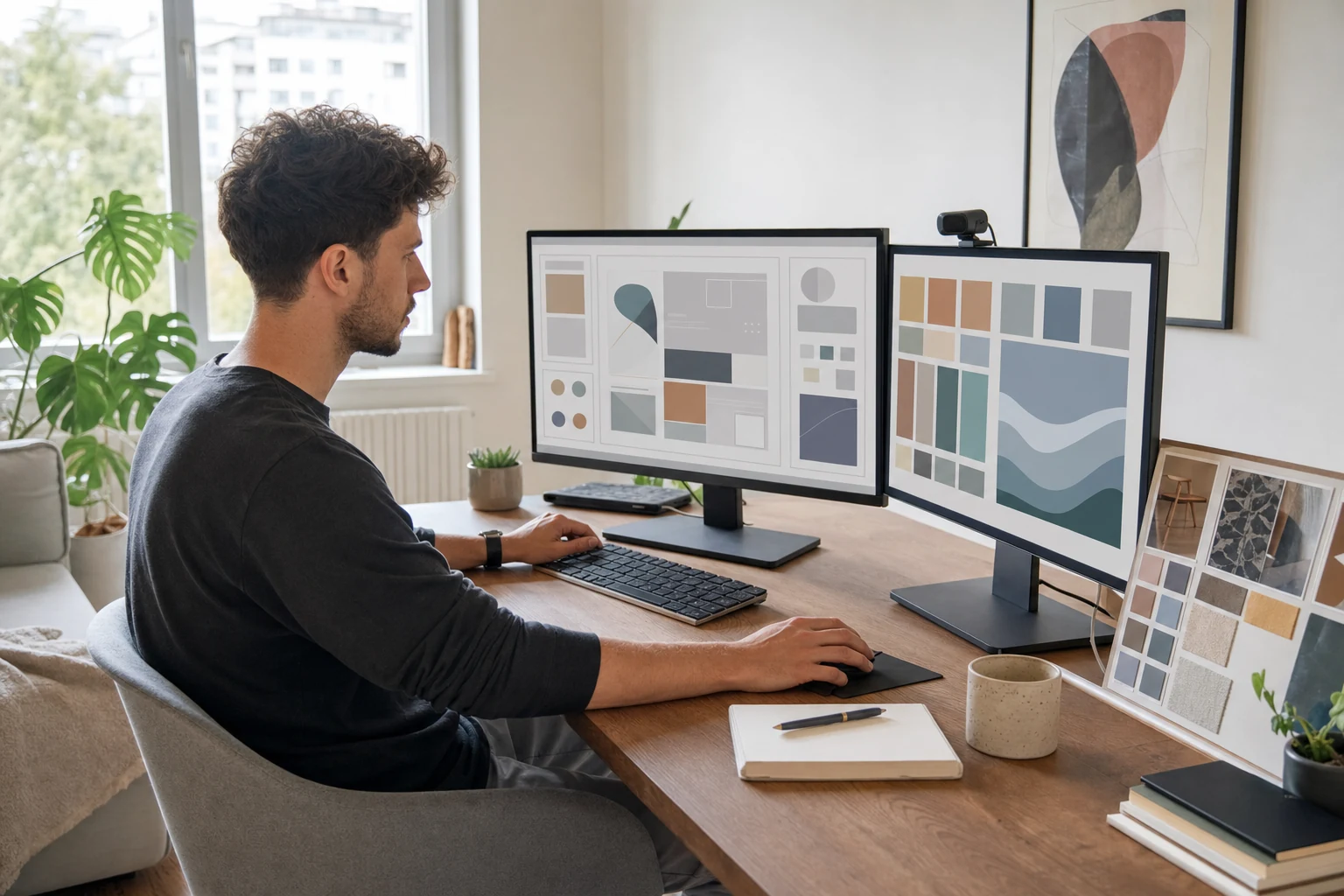 W-8BEN pentru autorii Envato — un studio de design la Iași cu două monitoare, unul afișând un layout de interfață în curs de proiectare, o planșă de culori pe birou