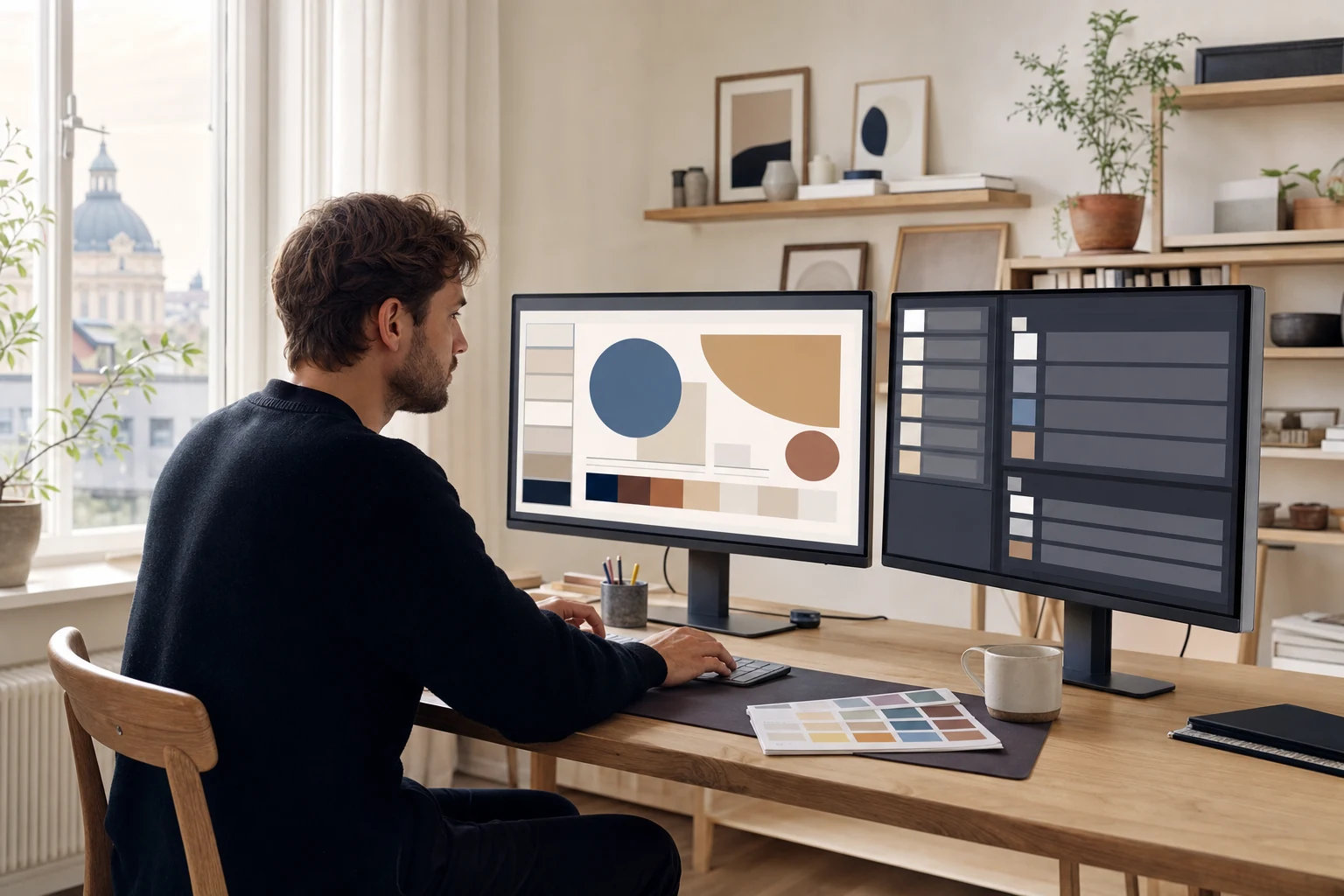 W-8BEN för Envato-upphovspersoner — en hemmastudio i Uppsala med två skärmar, en visar en presentationsmall i ett designverktyg, en färgprovkarta ligger på skrivbordet