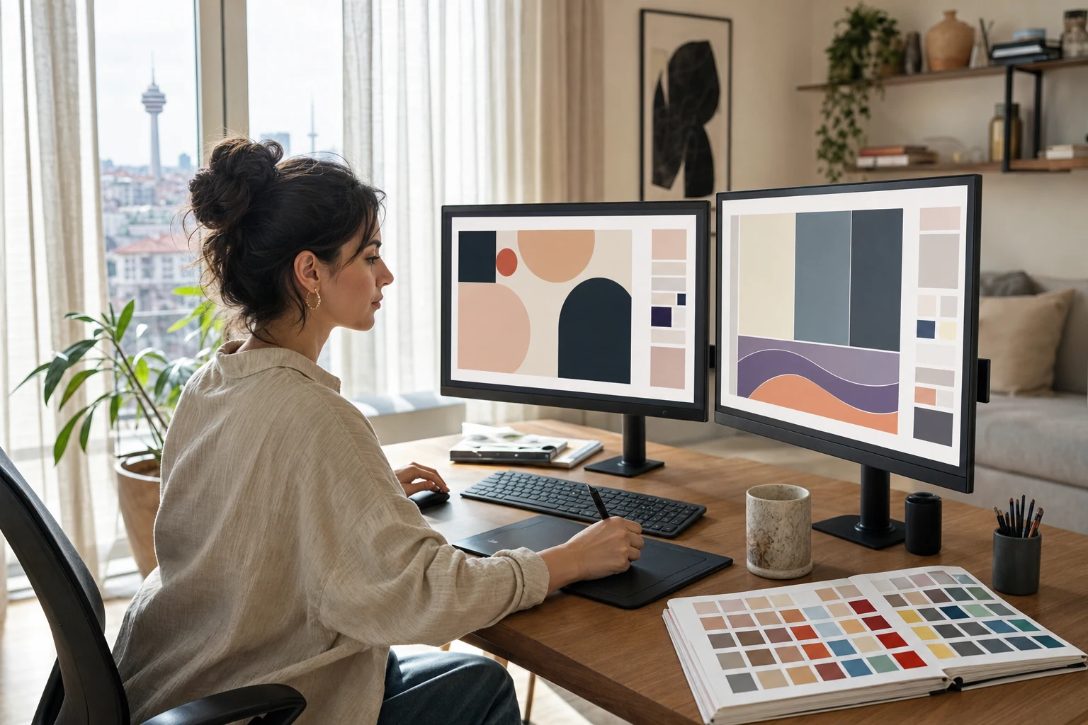 Envato yazarları için W-8BEN — Ankara'da bir tasarım ev stüdyosu, iki monitörden biri tasarım aracında bir grafik şablon taslağı gösteriyor, masada bir renk paleti panosu