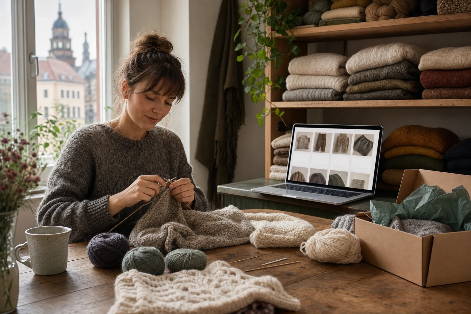 W-8BEN für Etsy-Verkäufer — eine Heimwerkstatt in Dresden mit halbfertigen gestrickten Wollwaren auf dem Tisch, ein Laptop mit einer abstrakten Etsy-Shop-Ansicht daneben und ein Versandkarton in Reichweite