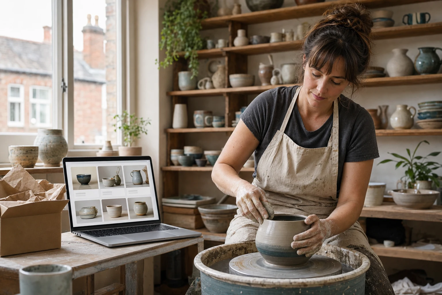 W-8BEN for Etsy sellers — a home ceramics workshop in York with a half-finished piece on the wheel, a laptop showing an abstract Etsy shop grid open beside it, and a packing box ready nearby