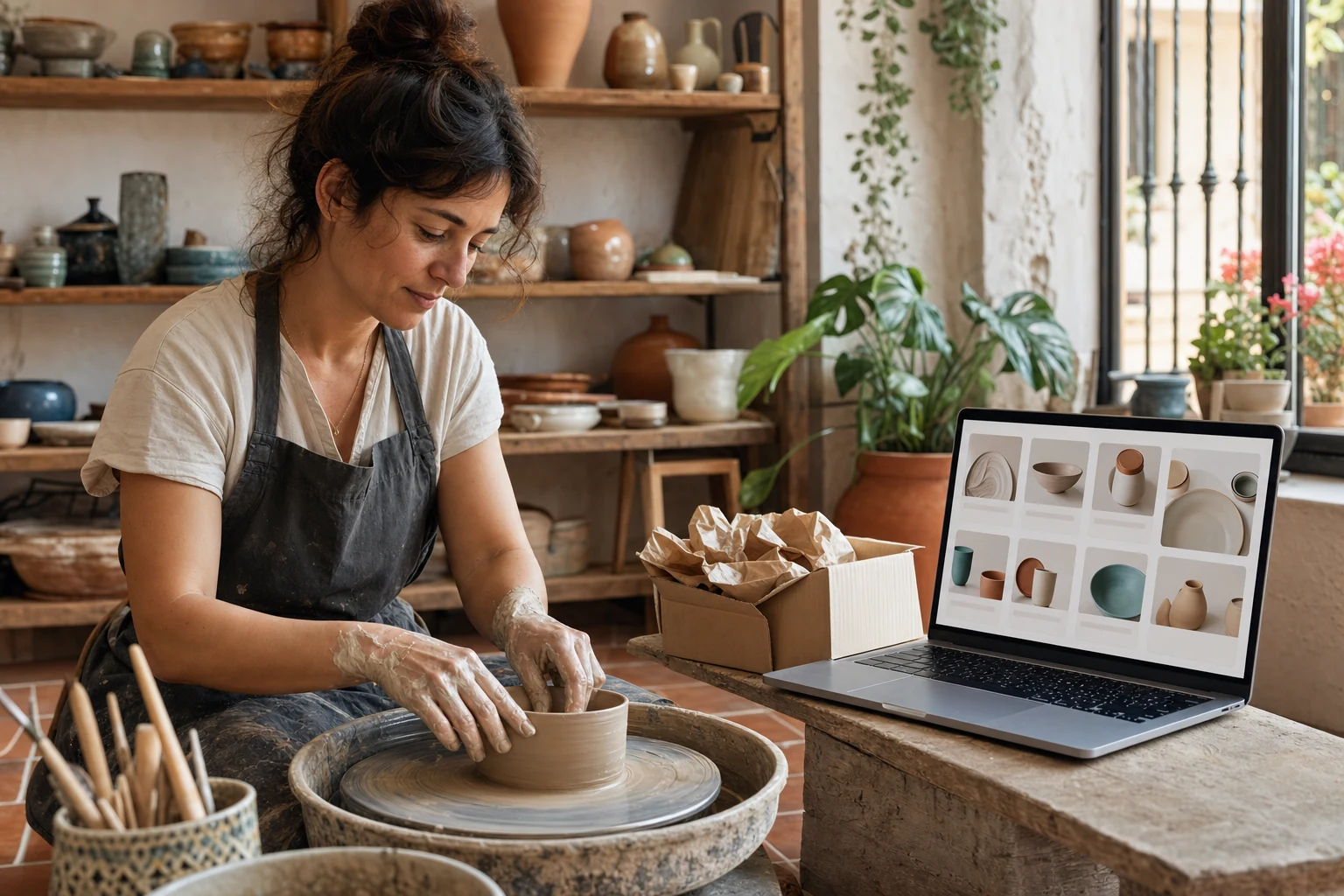 W-8BEN para vendedores de Etsy — un taller casero en Granada con piezas de cerámica a medio terminar sobre la mesa de trabajo, un portátil mostrando una cuadrícula abstracta de tienda Etsy al lado y una caja de envío lista cerca