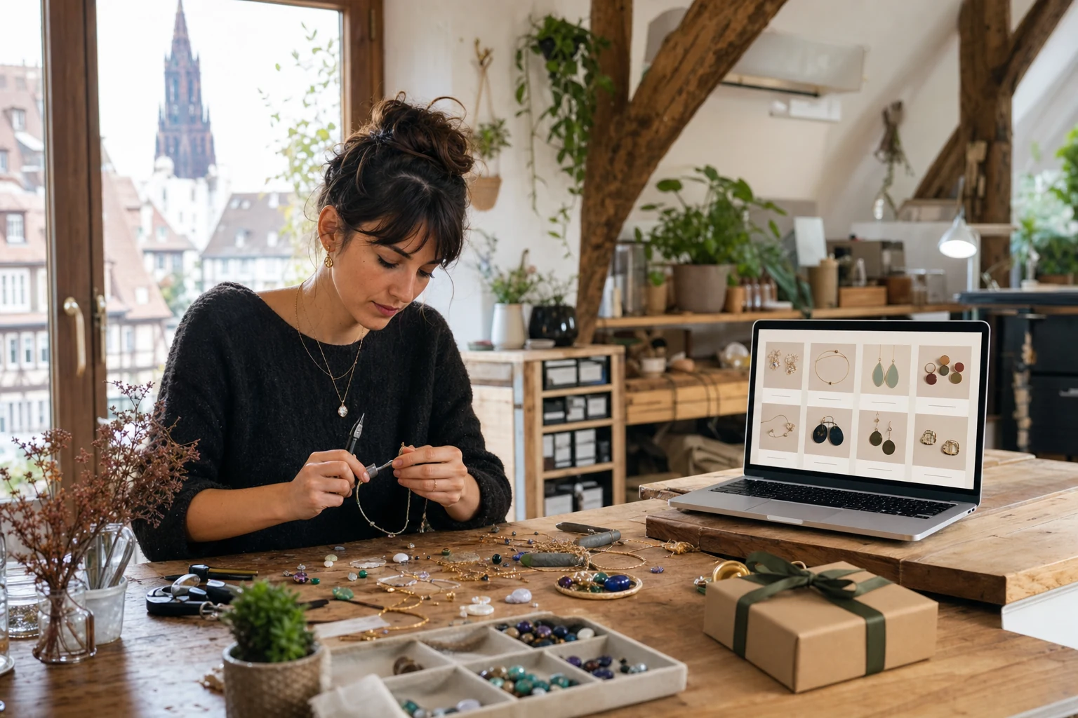 W-8BEN pour les vendeurs Etsy — un atelier à domicile à Strasbourg avec des bijoux faits main à moitié terminés sur l'établi, un ordinateur portable affichant une grille de boutique Etsy abstraite juste à côté, et un carton d'expédition prêt non loin