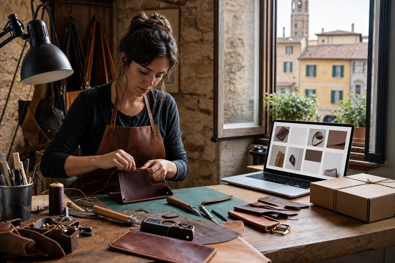 W-8BEN per i venditori Etsy — un laboratorio casalingo a Verona con articoli in pelle a metà lavorazione sul tavolo, un portatile che mostra una griglia astratta di un negozio Etsy accanto e una scatola per spedizioni pronta lì vicino
