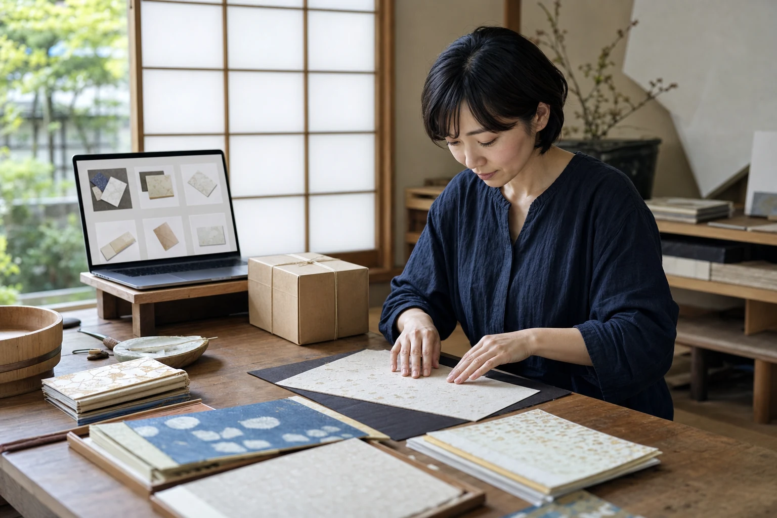 金沢の自宅工房でW-8BENを準備するEtsy作家 — 作業台に途中まで仕上がった和紙製品が置かれ、隣に抽象的なEtsyショップ画面を表示したノートパソコン、近くに発送用の梱包箱が用意されている