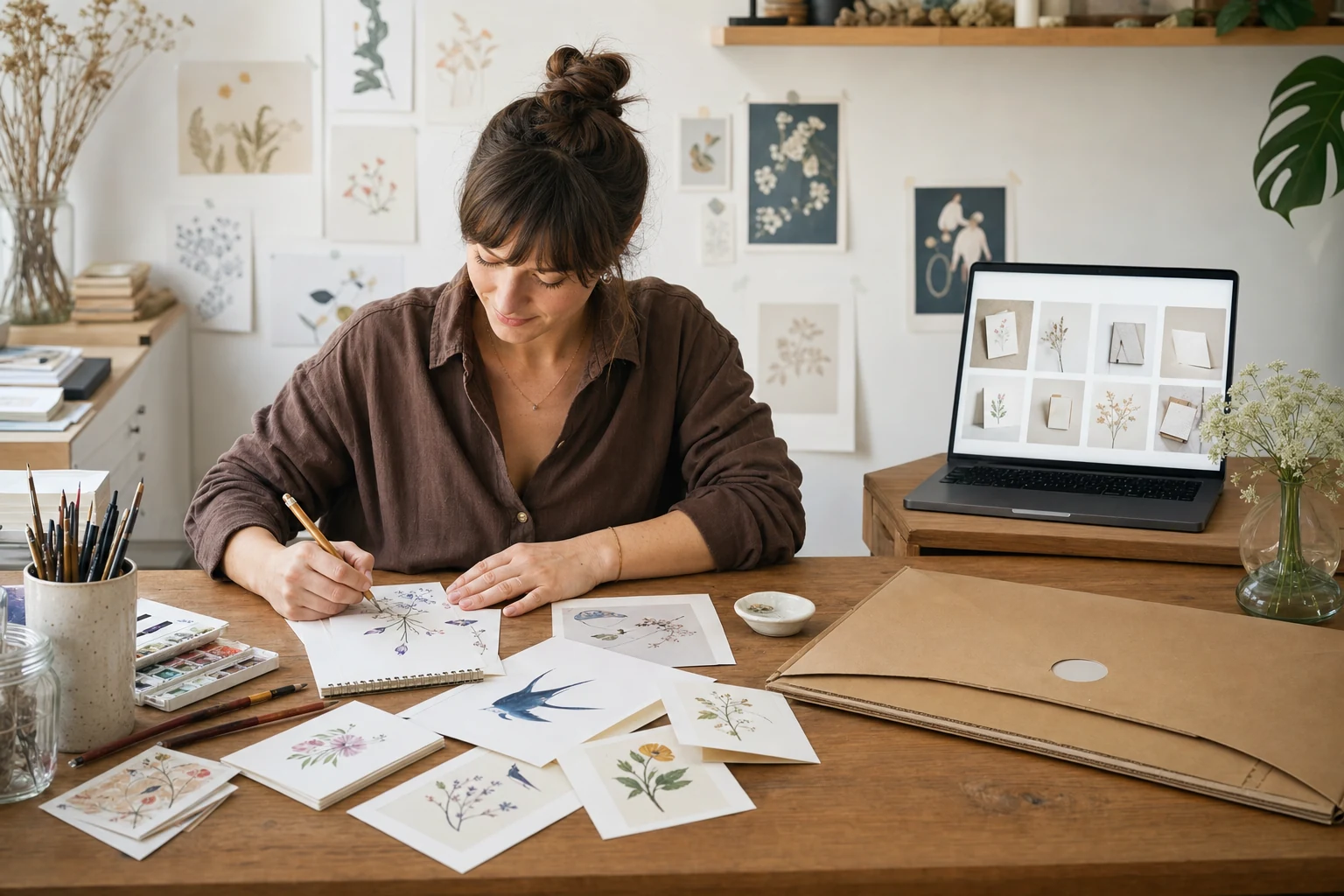W-8BEN dla sprzedawców Etsy — domowa pracownia w Łodzi z niedokończonymi ilustrowanymi kartkami na stole, laptop z otwartą abstrakcyjną siatką sklepu Etsy obok i gotowe pudełko do wysyłki w pobliżu