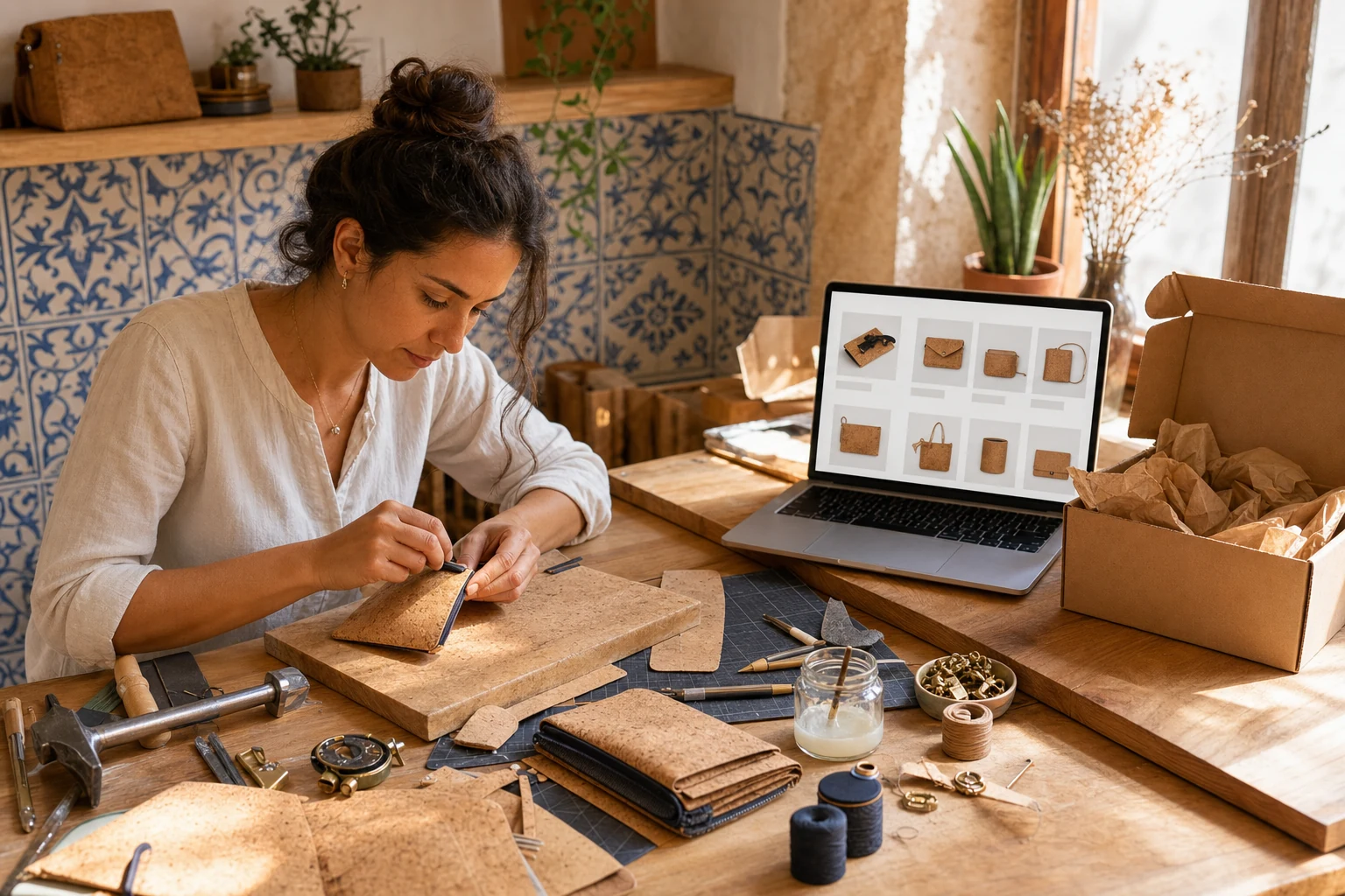W-8BEN para vendedores da Etsy — um ateliê em casa em Faro com acessórios de cortiça a meio do fabrico sobre a bancada, um portátil mostrando uma grelha abstrata de loja Etsy ao lado e uma caixa de envio pronta por perto