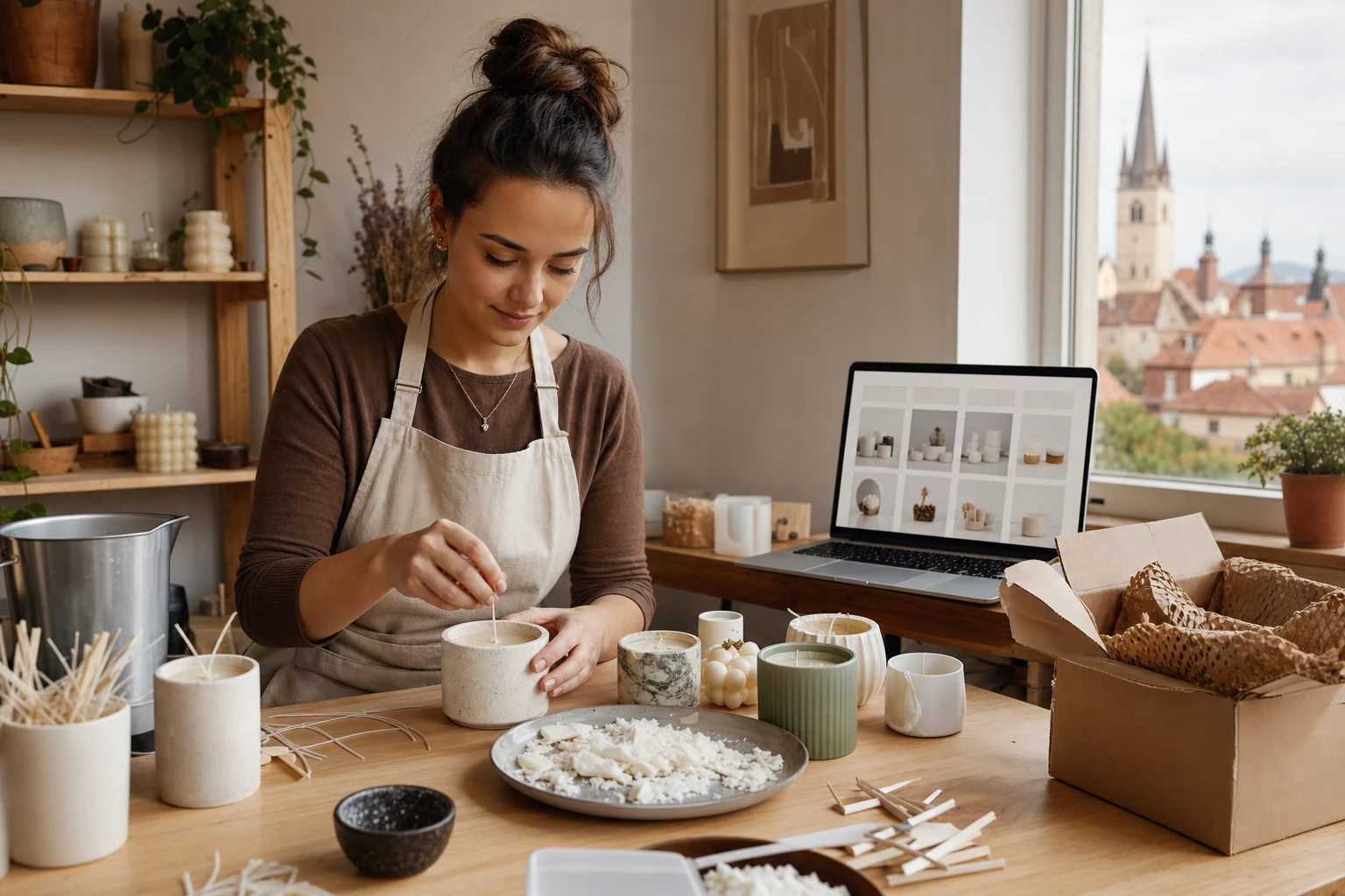 W-8BEN pentru vânzătorii Etsy — un atelier acasă la Sibiu cu lumânări handmade pe jumătate finisate pe masă, un laptop afișând o grilă abstractă a unui magazin Etsy alături și o cutie de expediere pregătită în apropiere