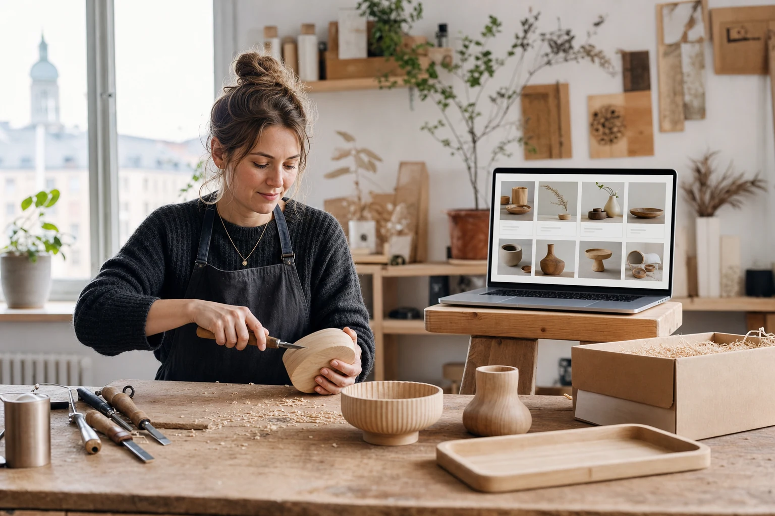W-8BEN för Etsy-säljare — en hemverkstad i Örebro med halvfärdiga träföremål på arbetsbänken, en bärbar dator med en abstrakt Etsy-butiksvy bredvid och en fraktkartong redo i närheten