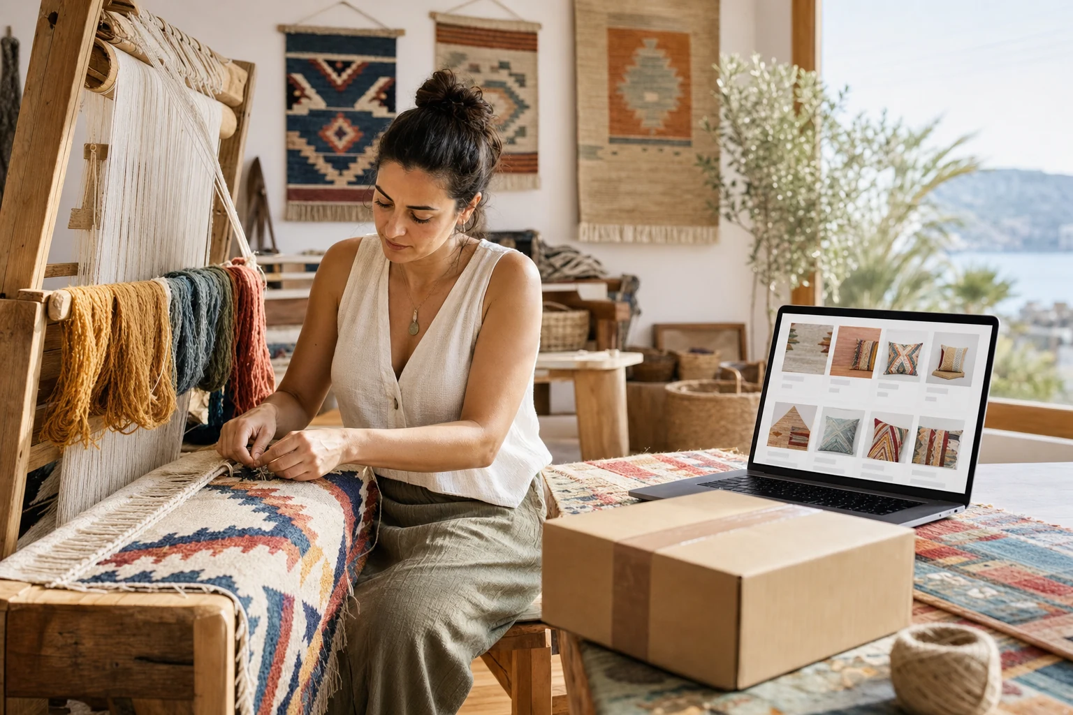 Etsy satıcıları için W-8BEN — Antalya'da bir ev atölyesi, masada yarım kalmış dokuma kilim parçaları, yanında soyut bir Etsy mağaza ızgarası gösteren dizüstü bilgisayar ve yakında hazır bir kargo kutusu