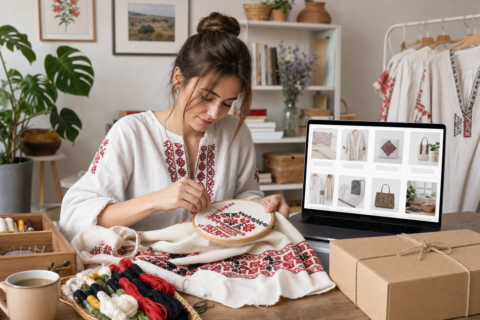 W-8BEN для продавців Etsy — домашня майстерня в Полтаві з напівготовою вишивкою на робочому столі, поруч ноутбук з відкритою абстрактною сіткою магазину Etsy і готова коробка для відправлення неподалік