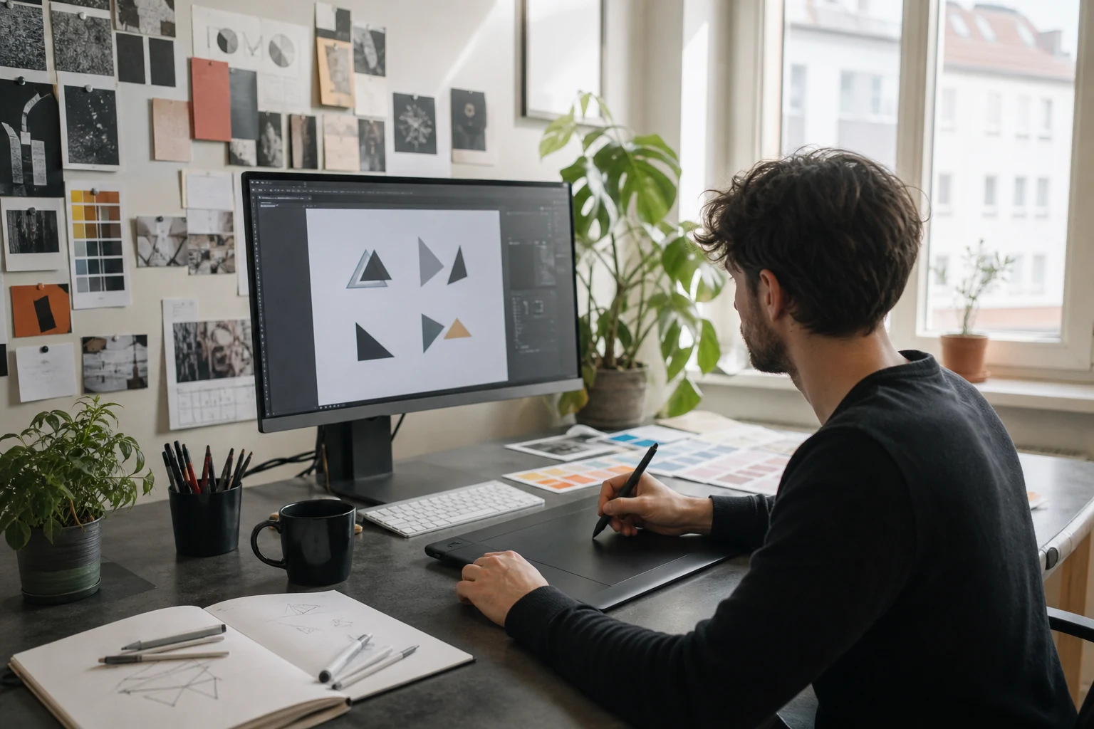 W-8BEN für Fiverr-Freelancer — ein Grafikdesign-Arbeitsplatz mit Grafiktablett, Logo-Entwürfen auf dem Monitor und Farbmusterkarten auf dem Schreibtisch