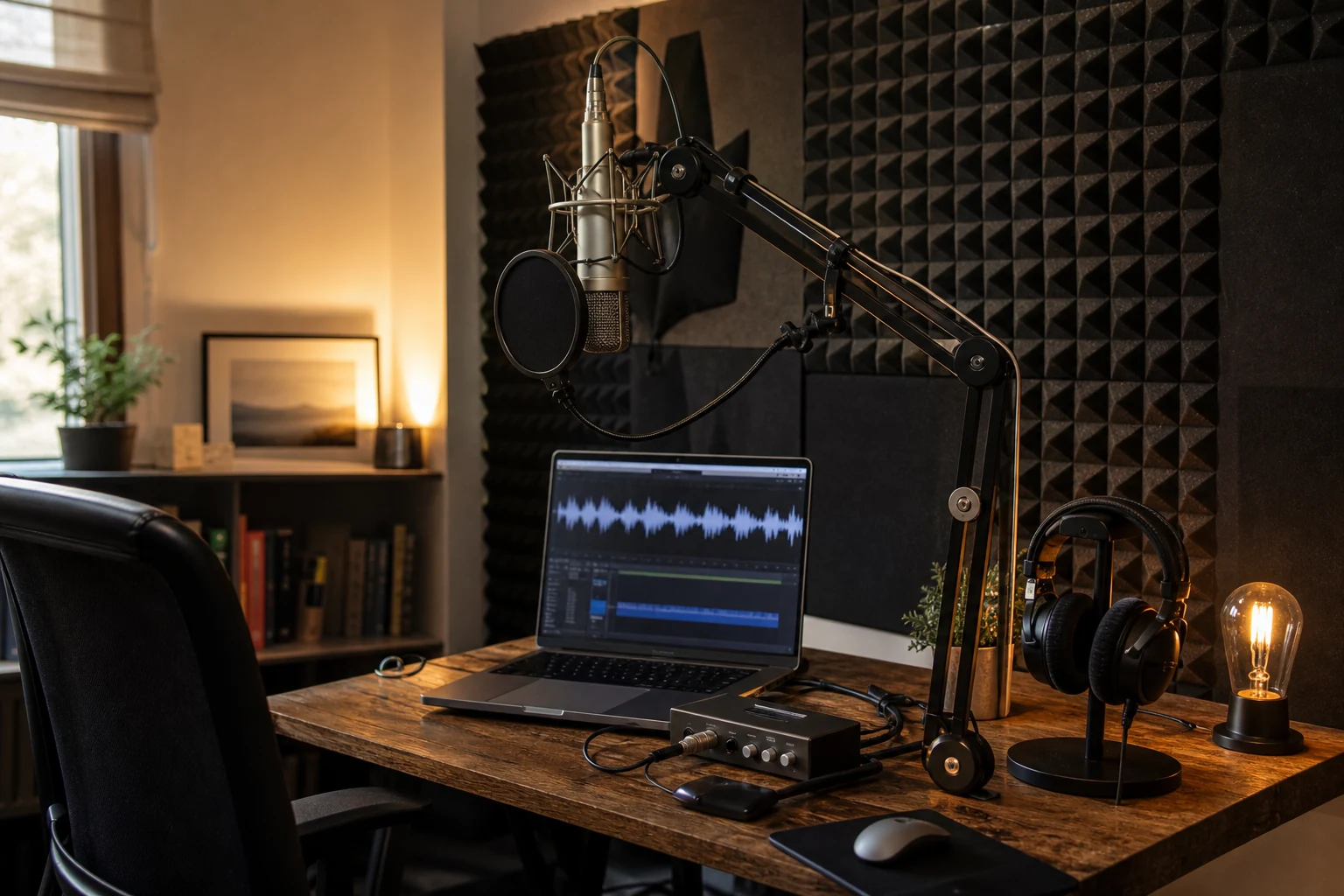 W-8BEN for Fiverr voiceover freelancers — a home recording booth with a microphone, headphones, and a laptop showing an audio waveform editor
