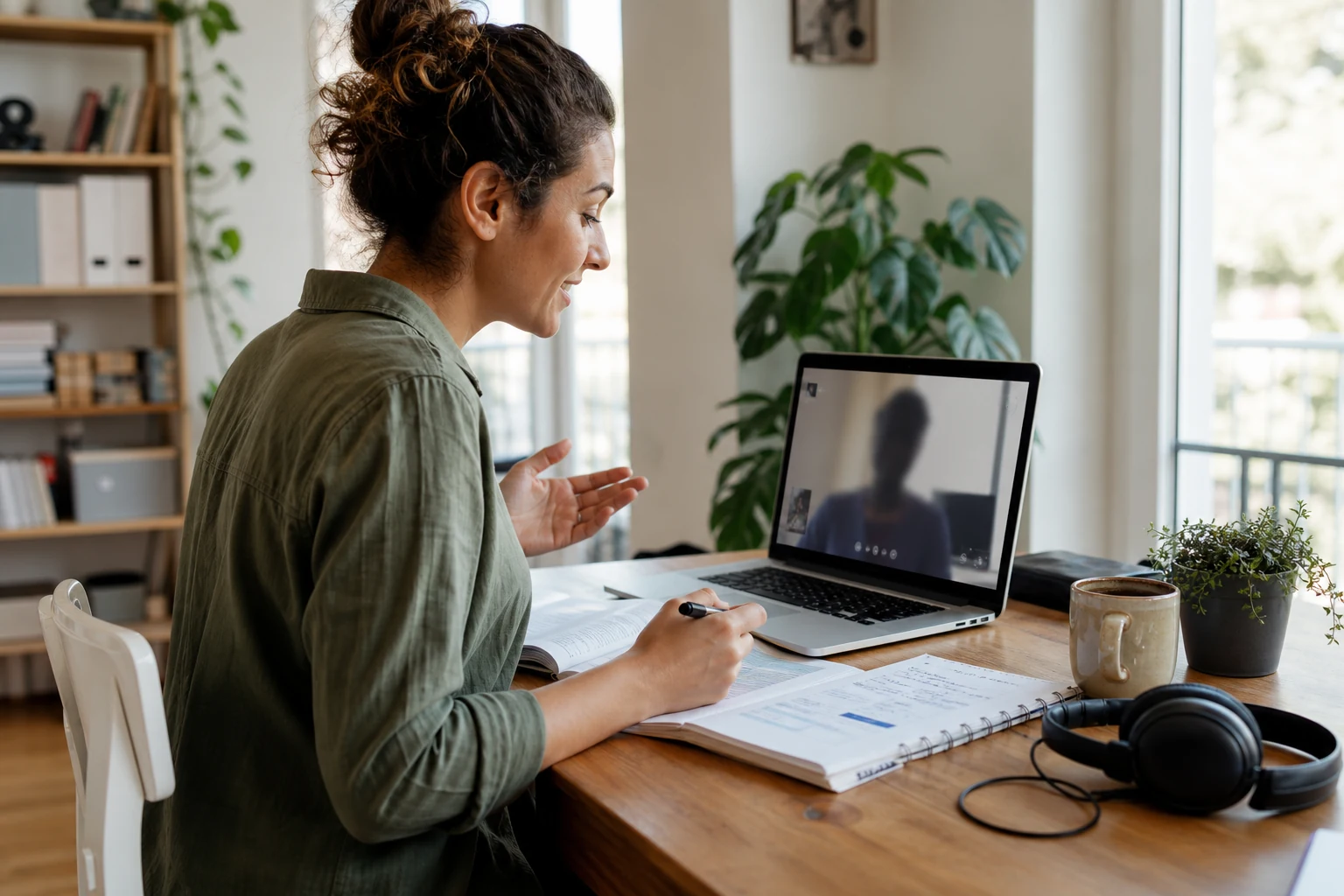 W-8BEN para autónomos en Fiverr — una profesora dando una clase de idiomas online por videollamada en un portátil, con libros de texto y auriculares sobre el escritorio