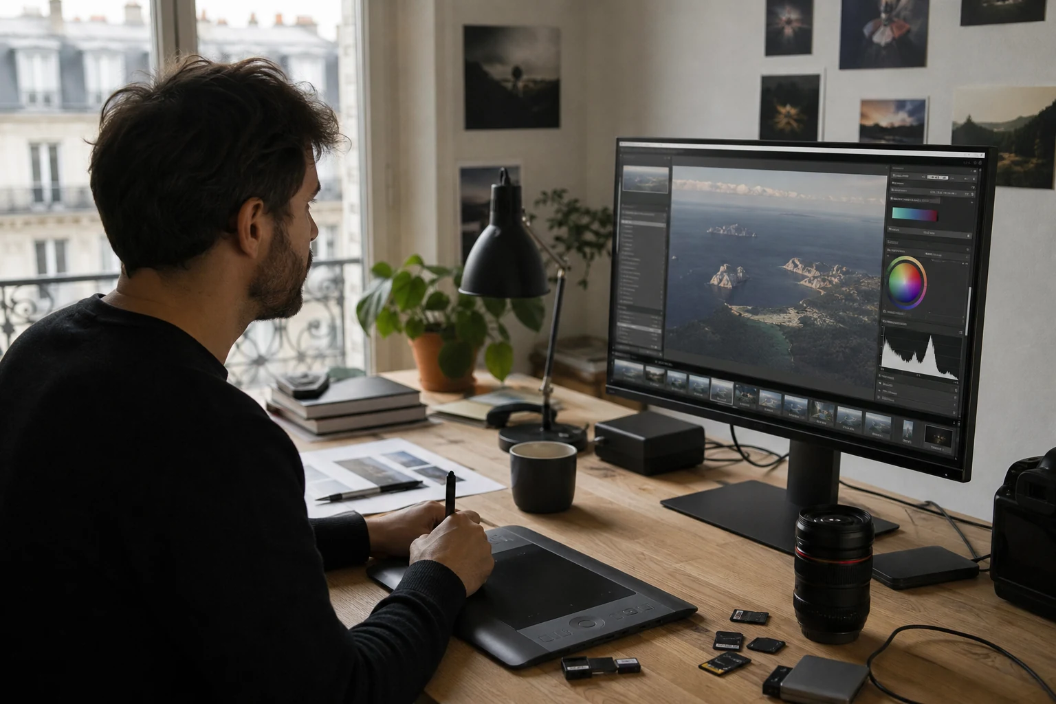 W-8BEN pour freelances Fiverr — un poste de retouche photo avec un moniteur calibré affichant un logiciel d'édition, une tablette graphique et des cartes mémoire sur le bureau