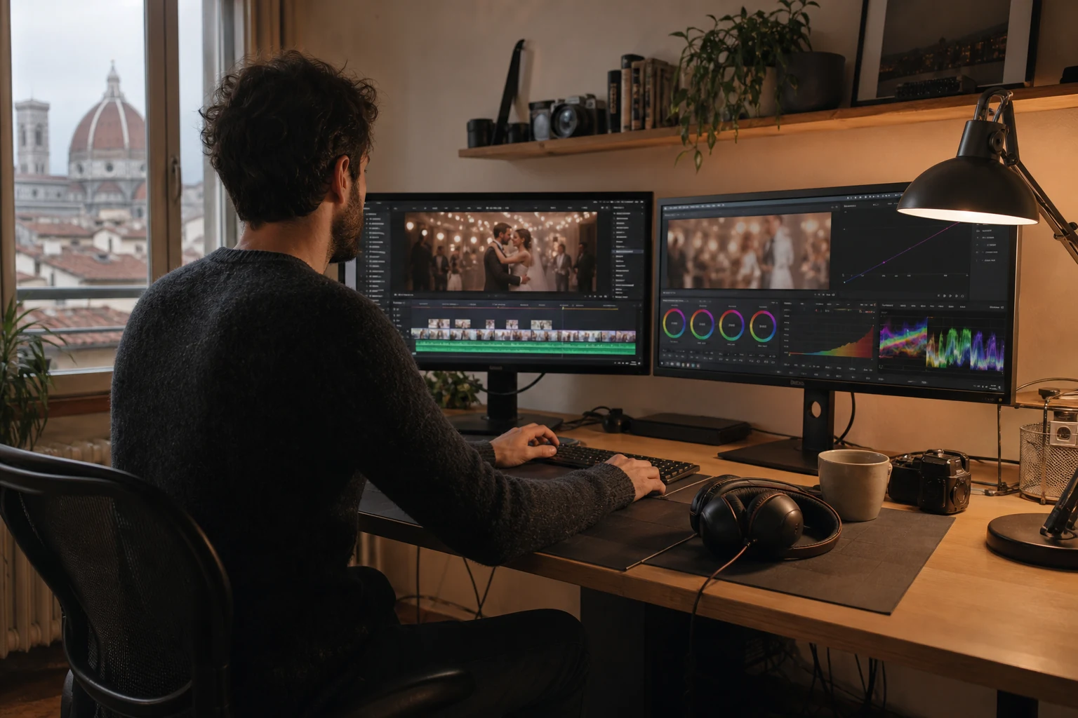 W-8BEN per freelance su Fiverr — una postazione di montaggio video con due monitor che mostrano una timeline di editing e riprese di un matrimonio, cuffie da studio sulla scrivania