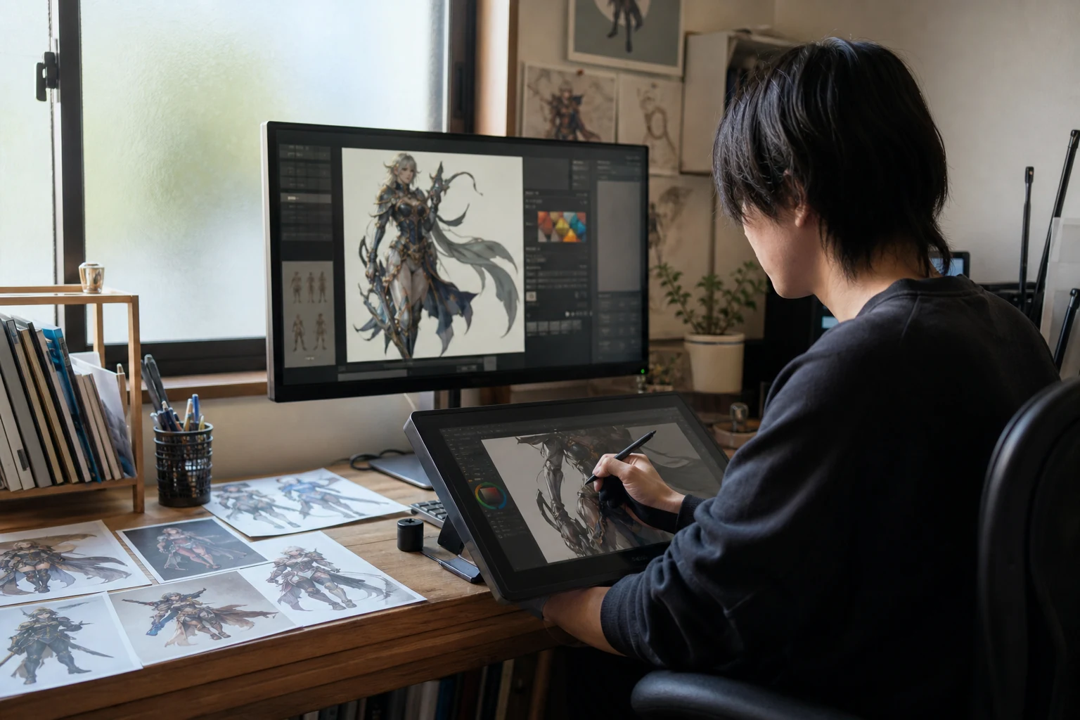 Fiverrフリーランス向けW-8BEN — ペンタブレットとモバイルゲーム風のキャラクターイラストが表示されたモニター、参考資料が置かれたデスク