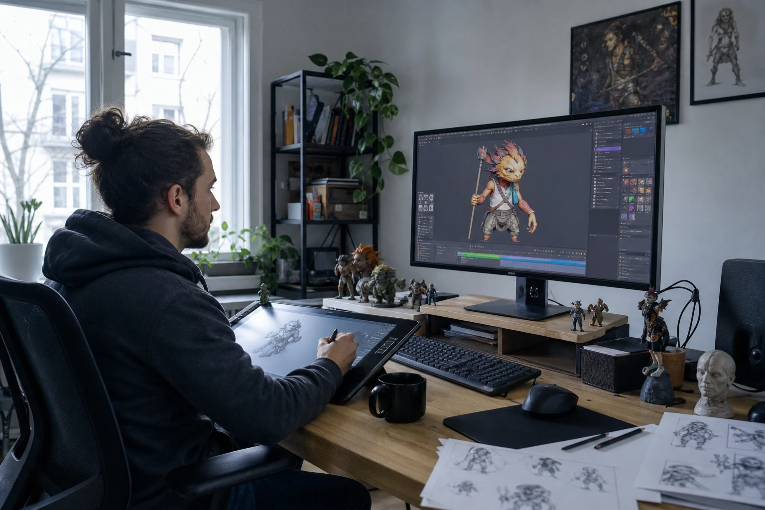W-8BEN dla freelancerów na Fiverr — stanowisko do grafiki 3D z tabletem graficznym, monitorem pokazującym model 3D w trakcie renderowania i figurkami referencyjnymi na biurku