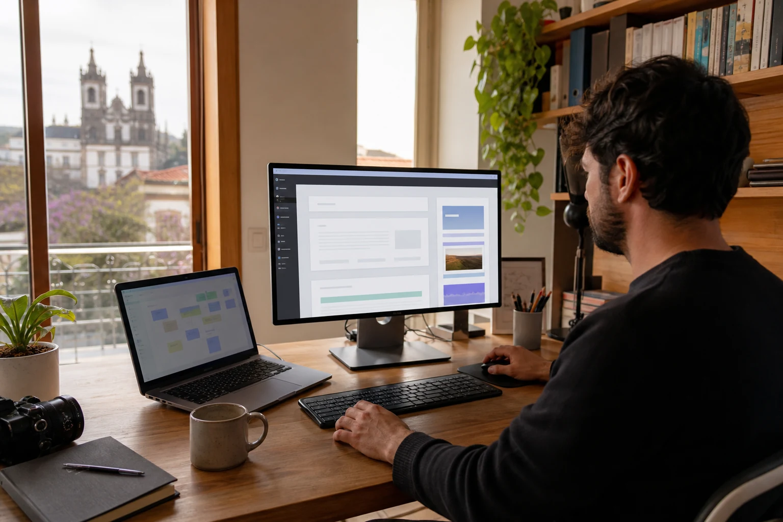 W-8BEN para freelancers no Fiverr — uma secretária com um monitor a mostrar um painel de administração WordPress, um portátil ao lado e notas de layout de sites