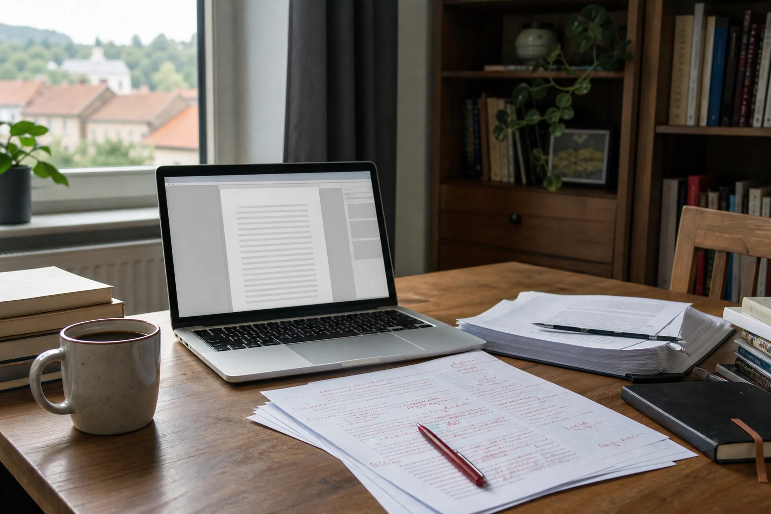W-8BEN pentru freelanceri pe Fiverr — un birou de corectură și editare de text cu un manuscris tipărit adnotat, un laptop cu un document deschis și o ceașcă de cafea