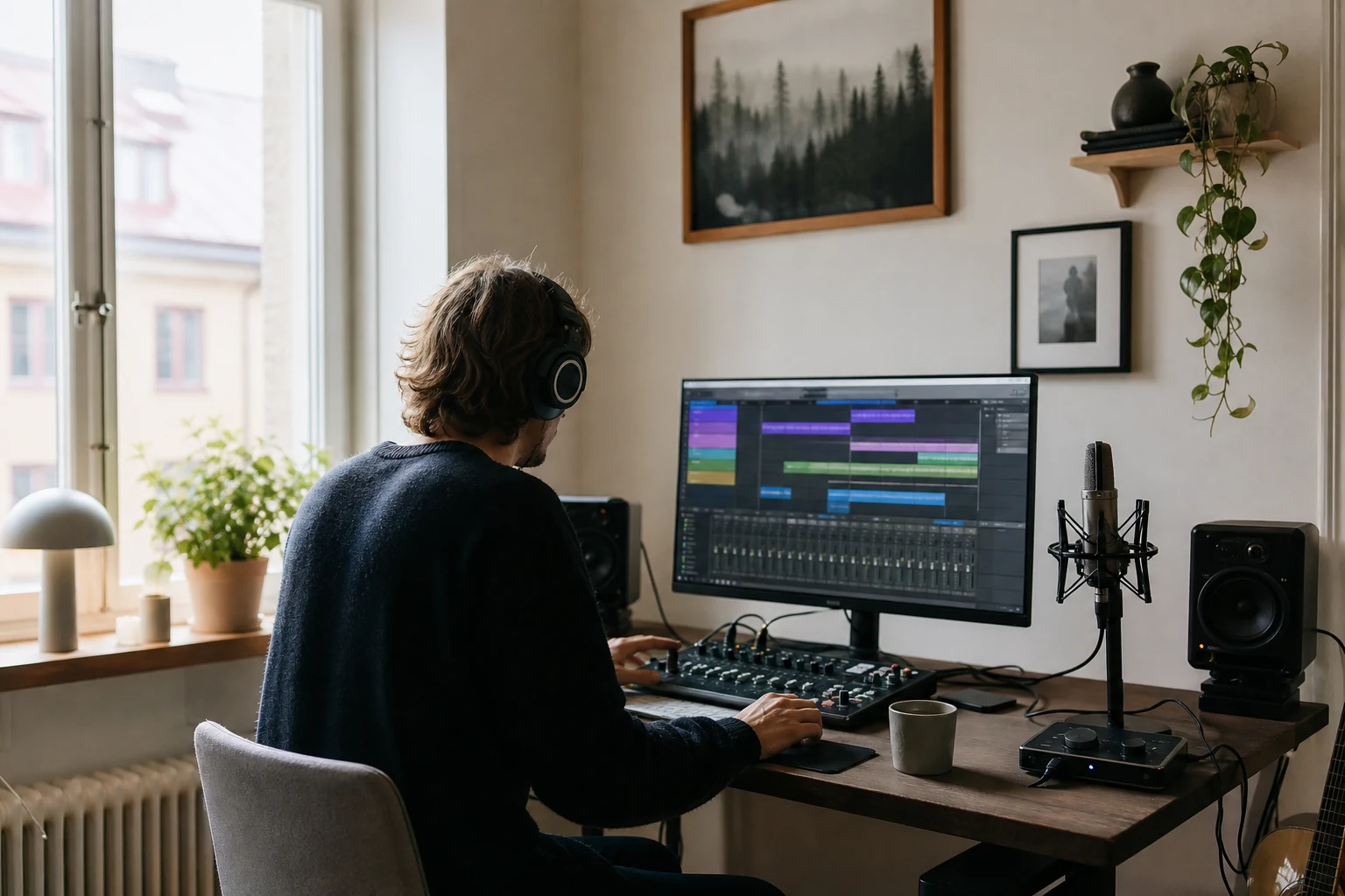 W-8BEN för Fiverr-frilansare — en hemmastudio med ljudmixerbord, studiomikrofon och en dator med ett musikproduktionsprogram öppet på skärmen