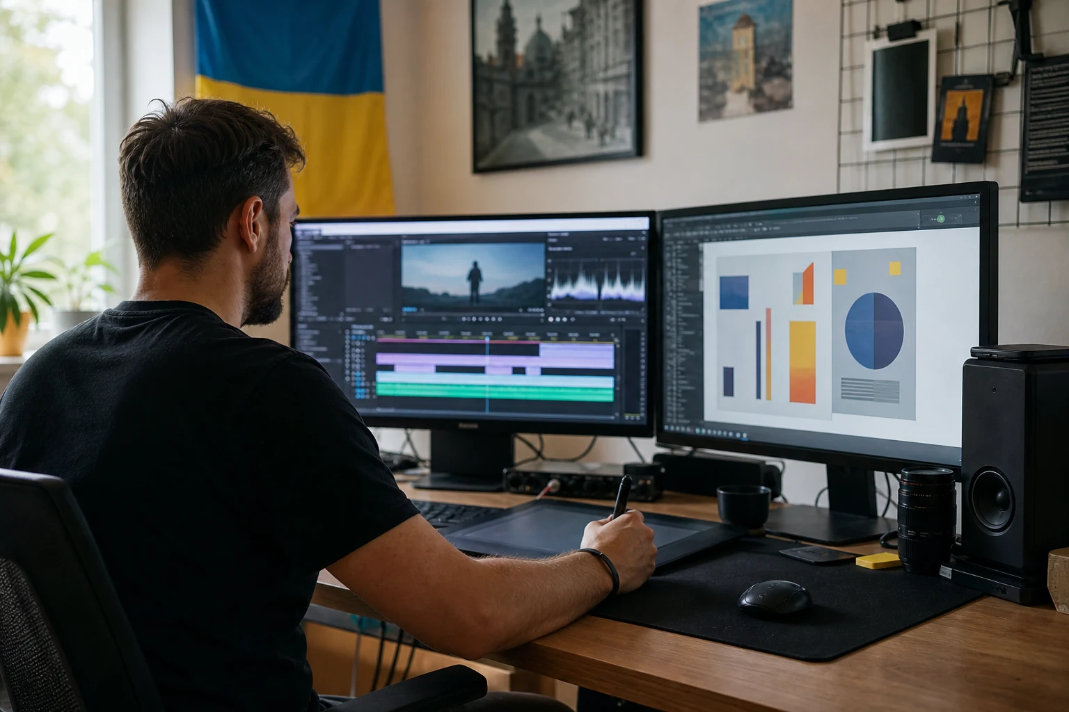 W-8BEN для фрилансерів на Fiverr — робоче місце моушн-дизайнера з двома моніторами, на одному з яких відкрита таймлінія відеомонтажу з анімованою інфографікою