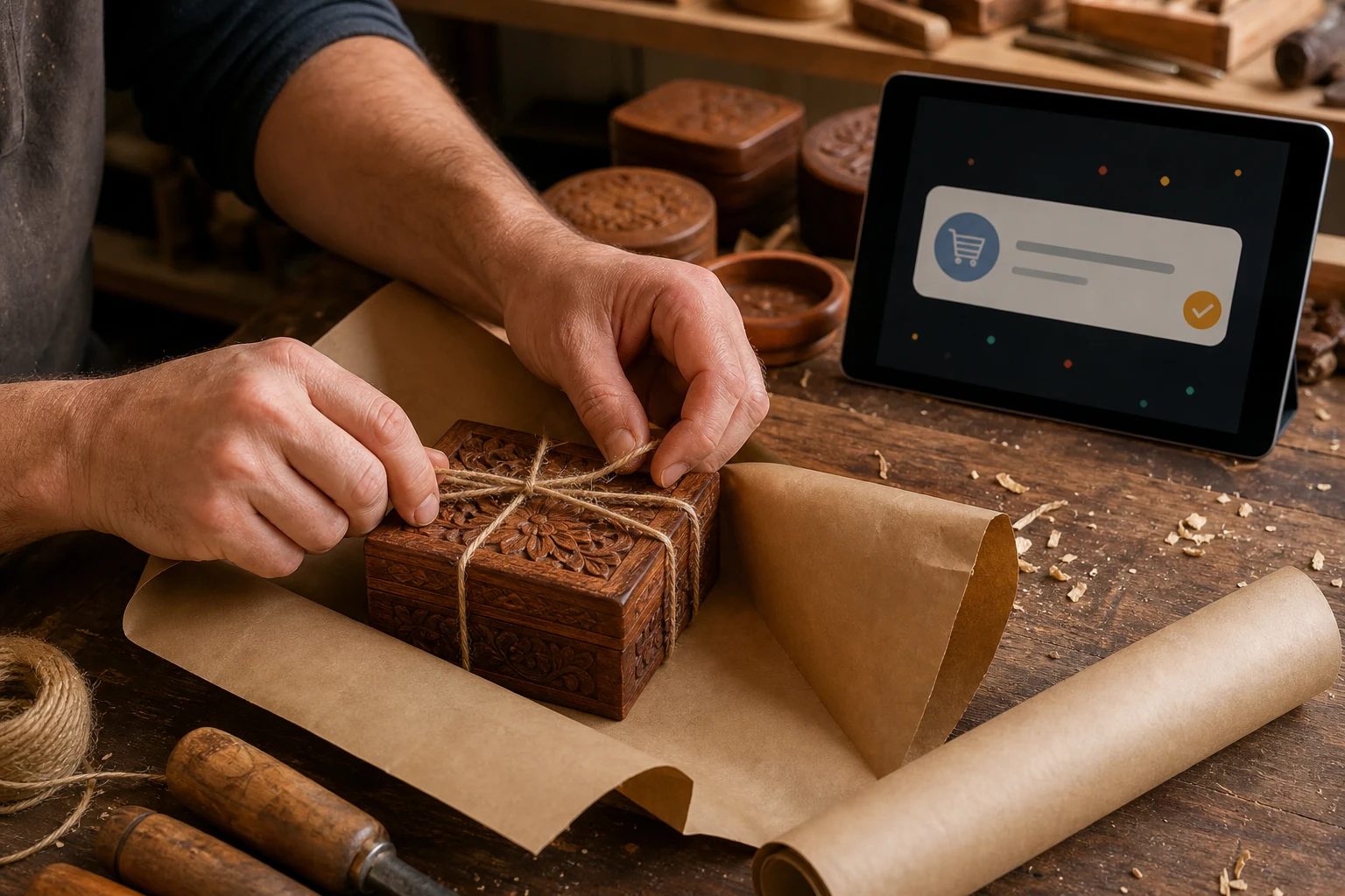 W-8BEN für Amazon-, Etsy- und eBay-Verkäufer — Hände verpacken ein handgefertigtes Holzstück zum Versand auf einem Werkstatttisch, daneben ein Tablet mit einer Benachrichtigung über eine neue Bestellung