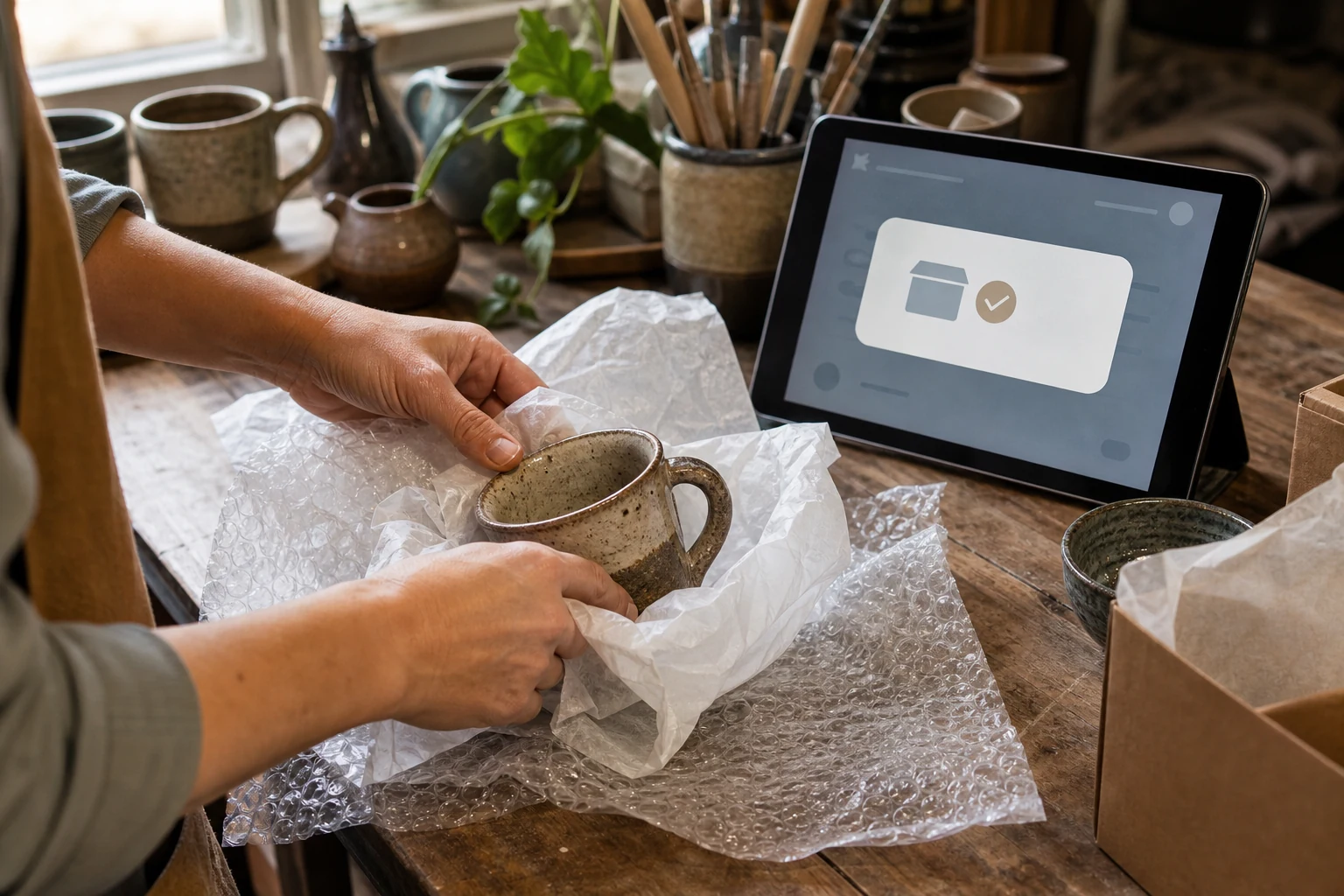 W-8BEN for Amazon, Etsy and eBay sellers — hands wrapping a handmade ceramic piece for shipping on a home workshop table, a tablet nearby showing a new-order notification